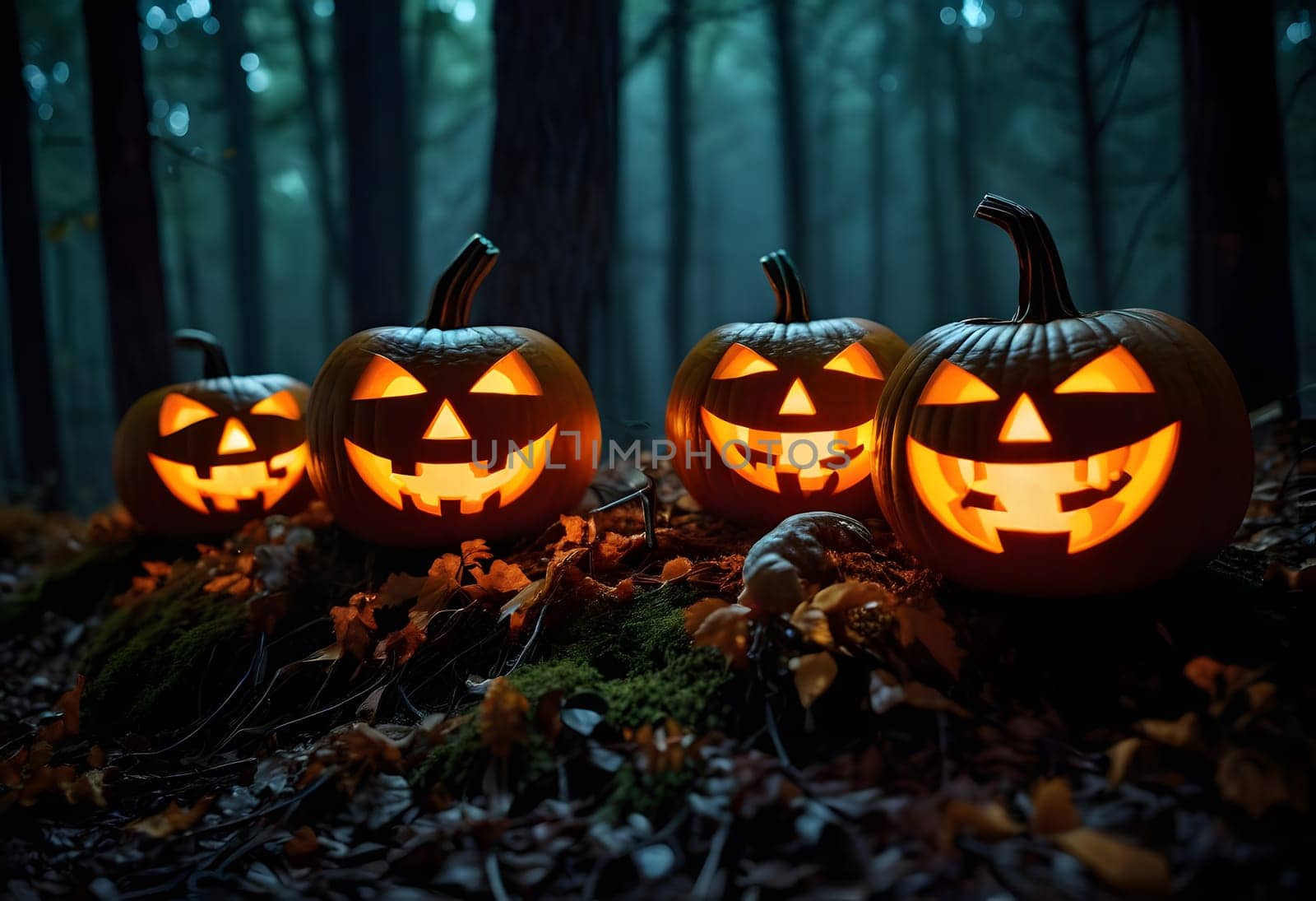 Glowing jack-o'-lanterns scattered throughout a spooky forest on Halloween, surrounded by eerie fog