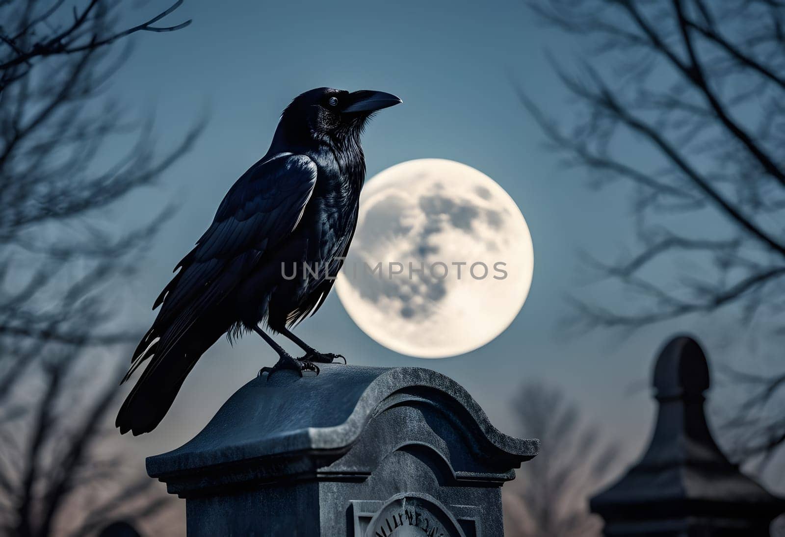 A black raven sits perched on a gravestone under a glowing Halloween moon, casting eerie shadows across the cemetery
