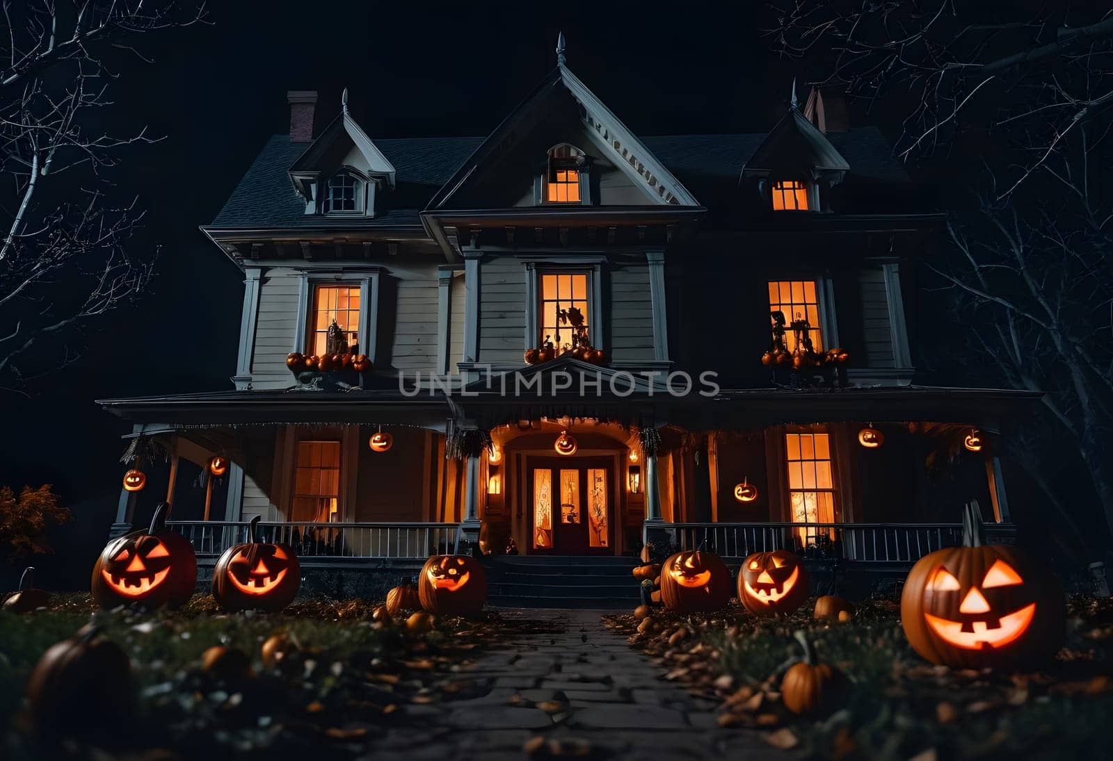 A spooky haunted house glowing with eerie jack-o'-lanterns on a dark Halloween night