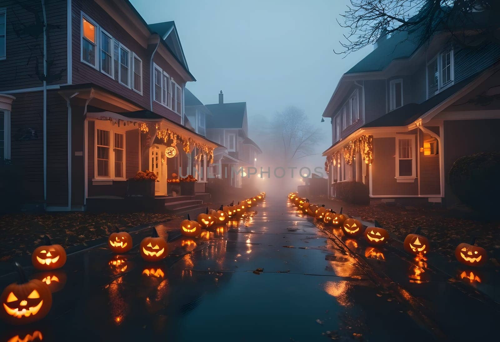 A foggy Halloween street filled with glowing pumpkins and spooky decorations, casting eerie shadows