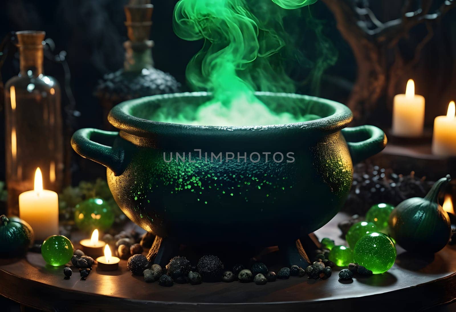 A bubbling witches' cauldron surrounded by spooky Halloween decor, glowing with eerie green light