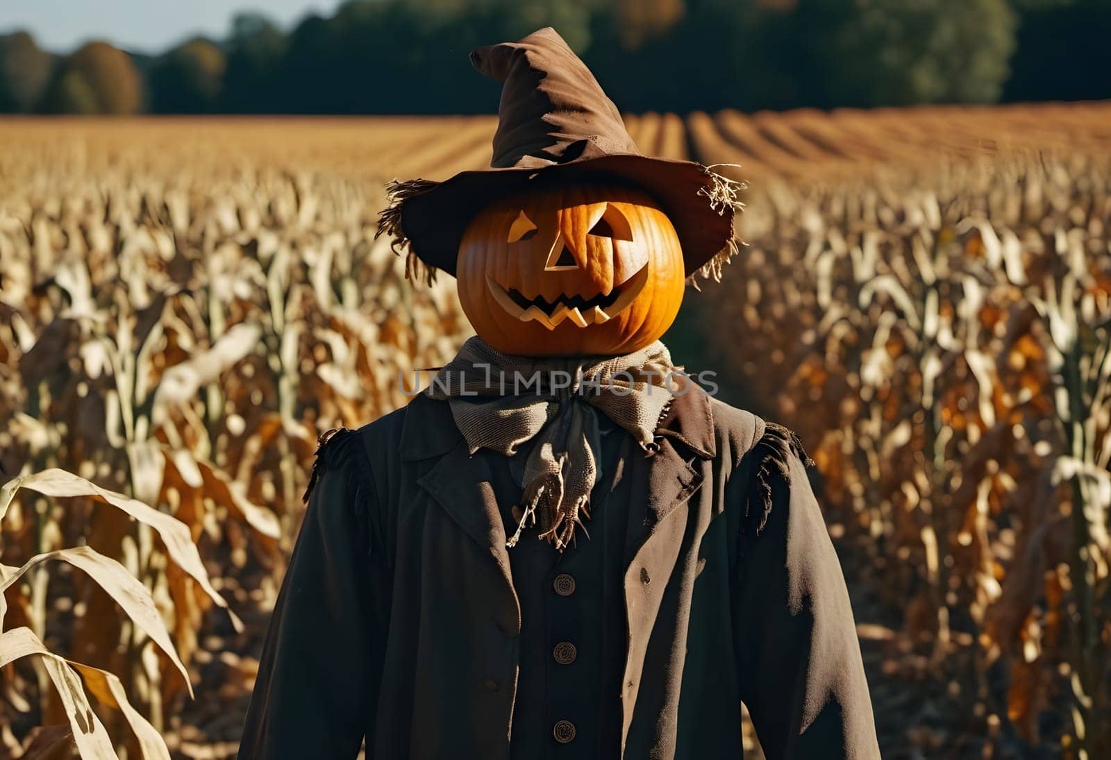 A creepy pumpkin-headed scarecrow standing in a haunted cornfield under the Halloween moon