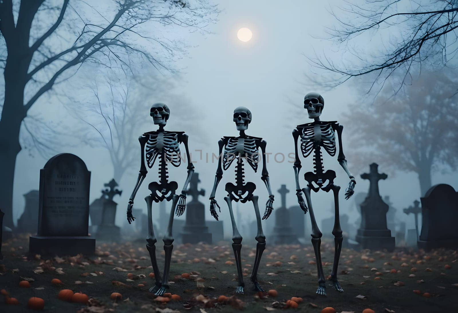Skeletons dance under the Halloween sky in a foggy graveyard, surrounded by glowing tombstones. High quality photo