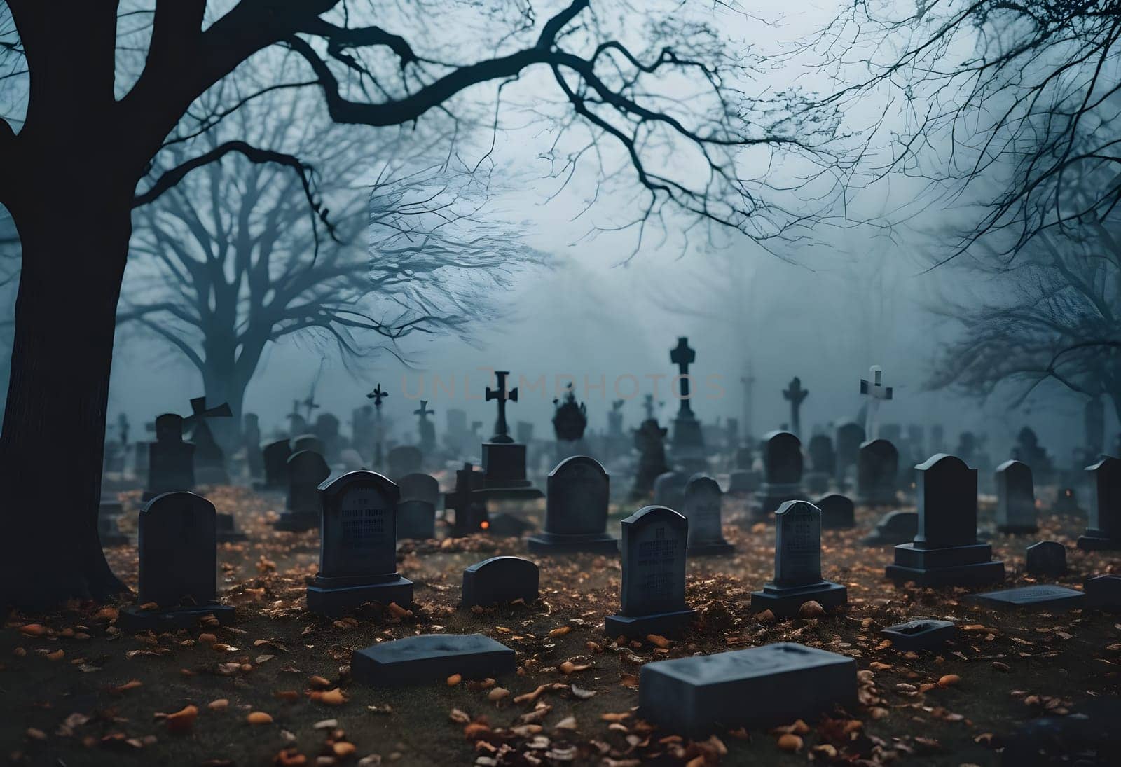 An eerie Halloween graveyard with glowing tombstones and ghostly mist swirling in the air