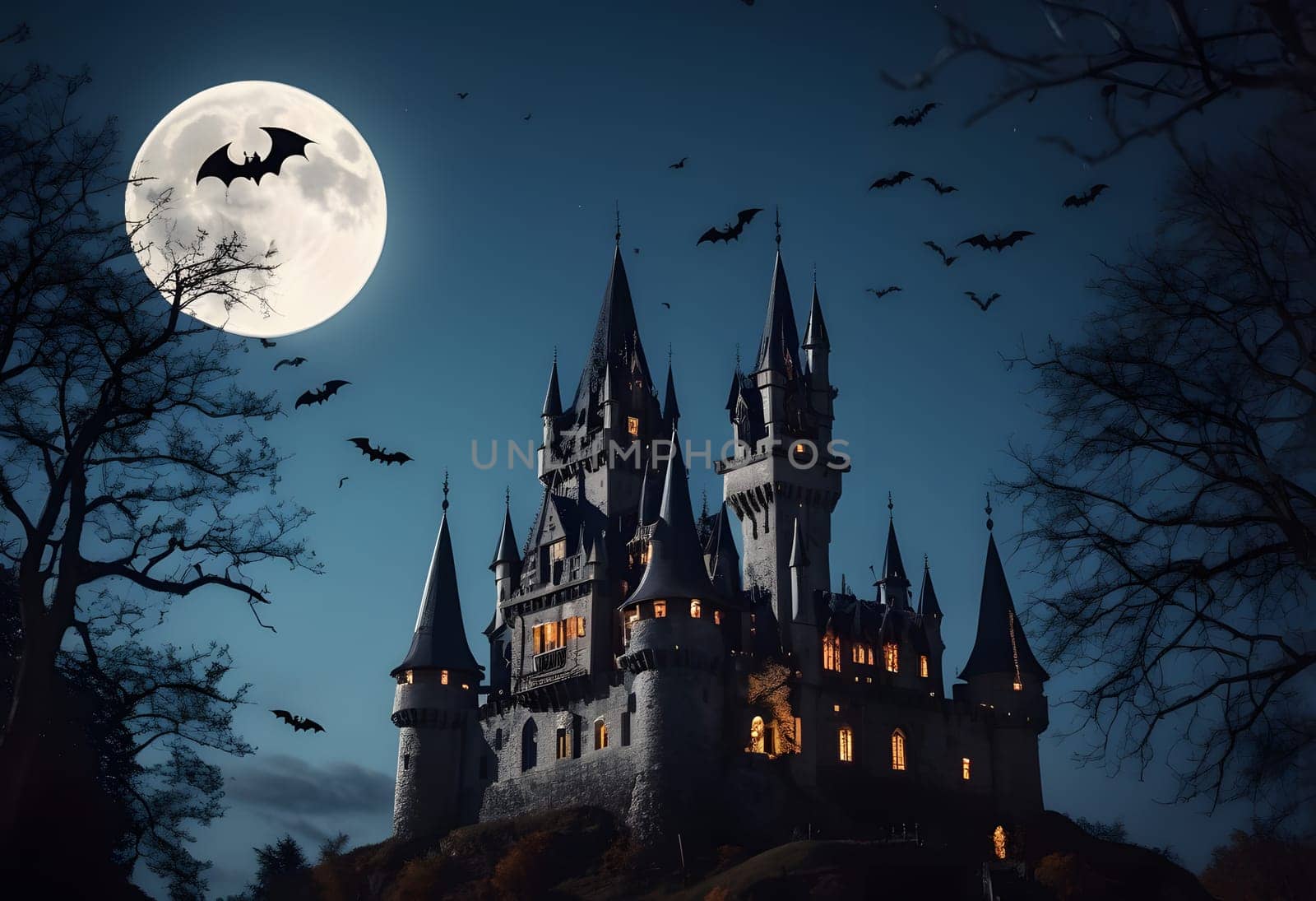 A haunted mansion glowing under the Halloween moon, with pumpkins and bats flying overhead