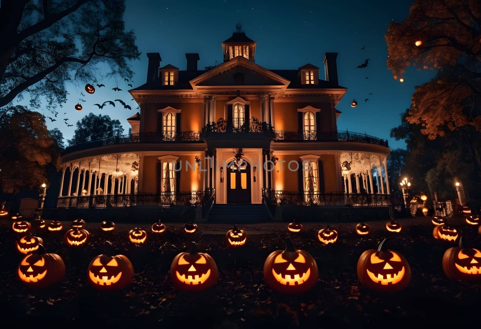 A Gothic castle illuminated by the Halloween moon, with bats flying around in the eerie night sky