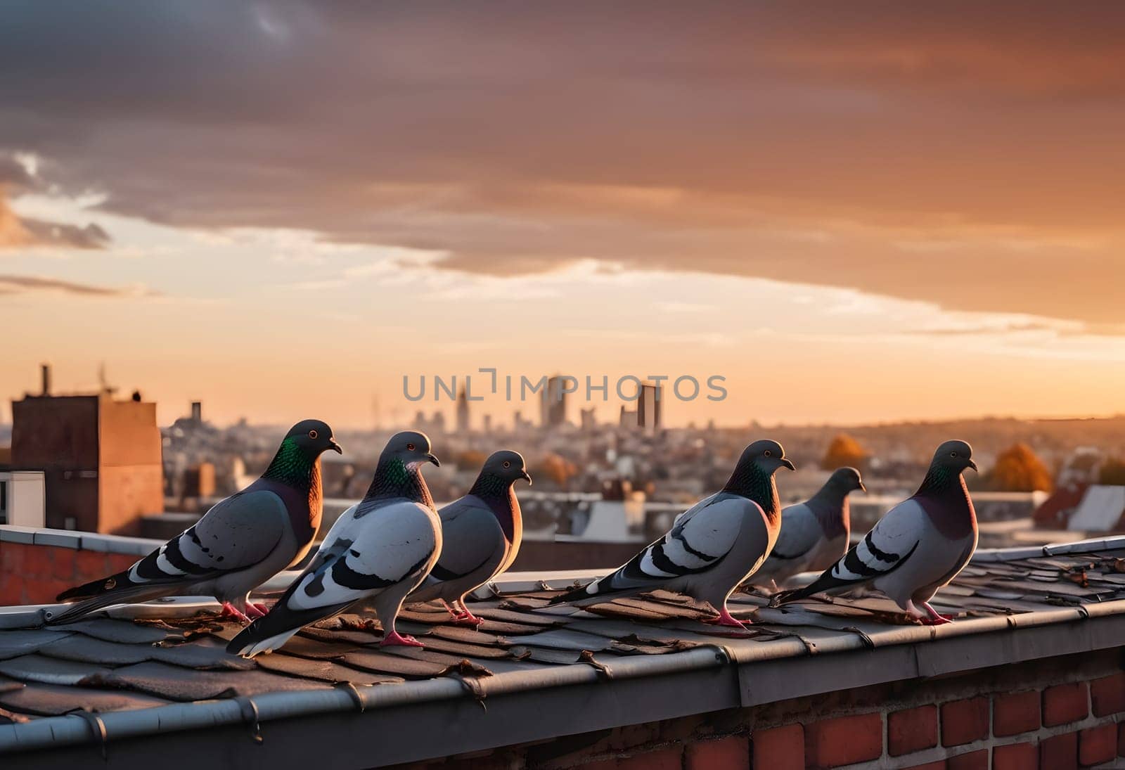 Pigeons perch on city rooftops, watching the sunset over autumn streets filled with falling leaves