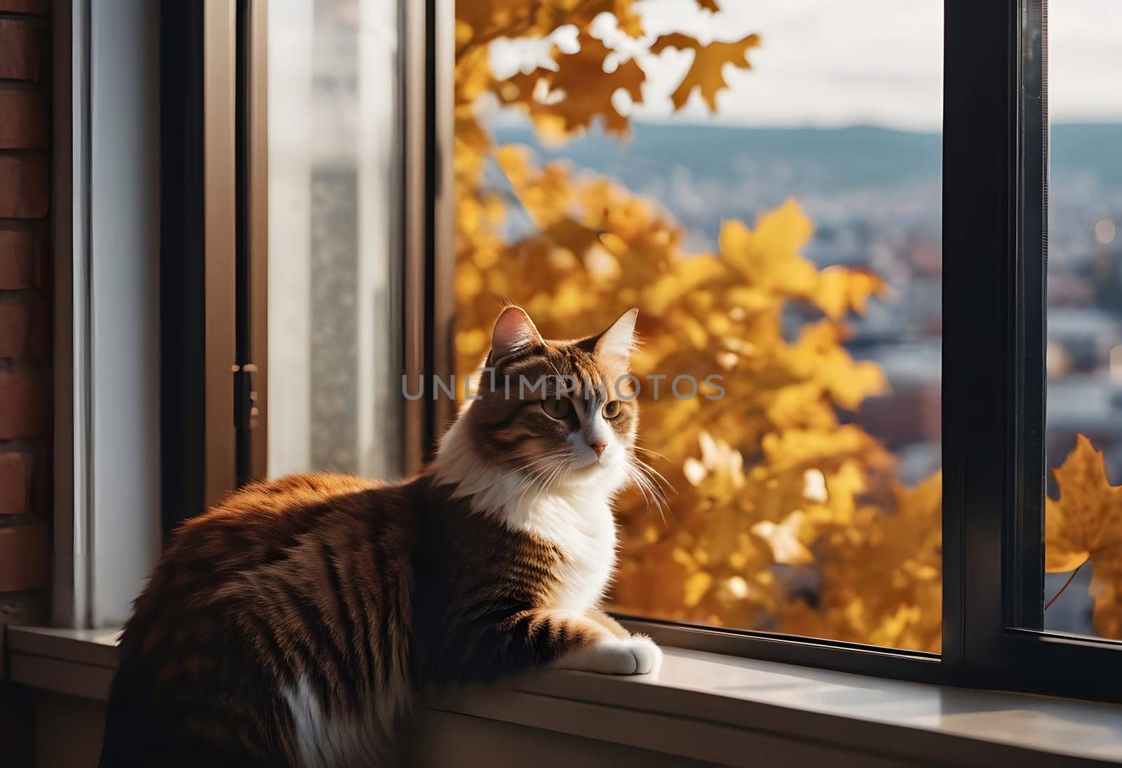 A cat sits on a windowsill, gazing out over the autumn city with golden leaves falling around