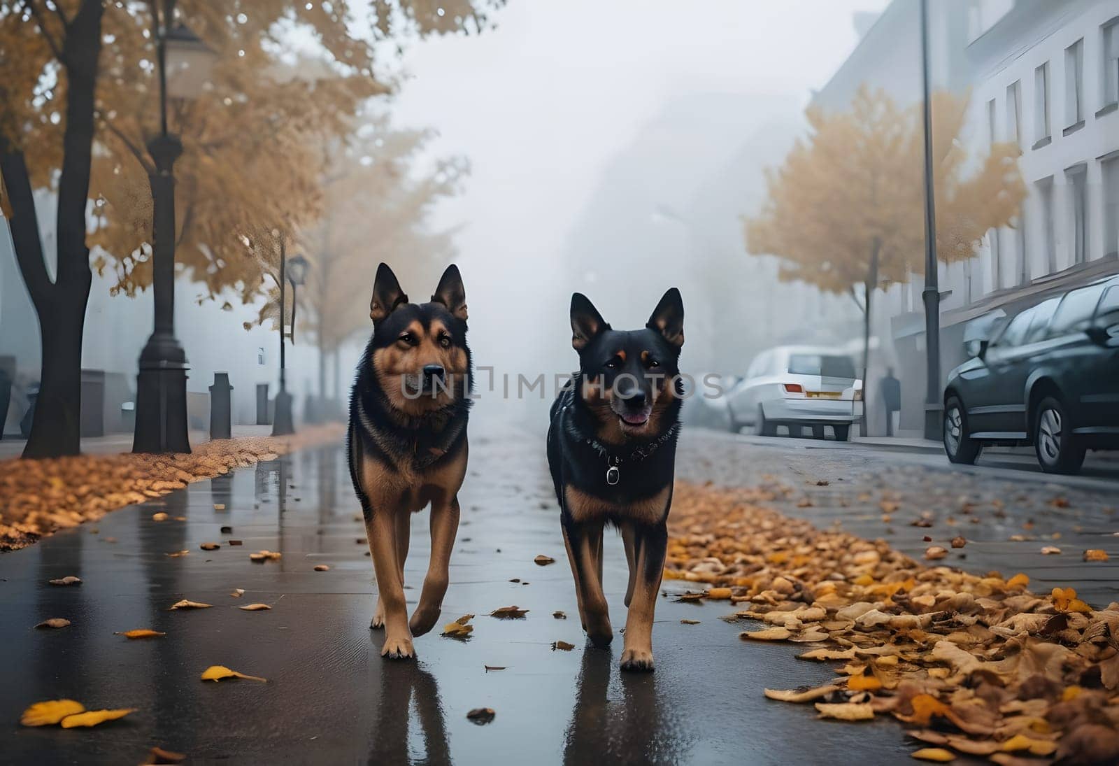 A dog walks through a misty autumn city street, surrounded by quiet and fallen leaves