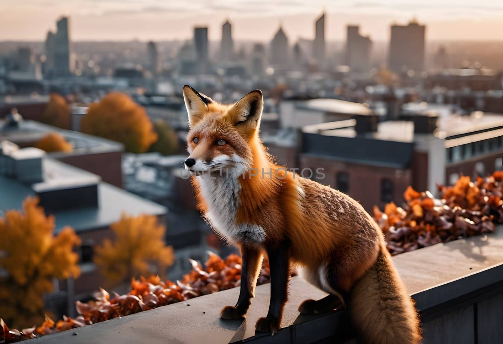 A fox gazes out over the city from a rooftop as autumn leaves blow in the wind, creating a peaceful urban autumn scene