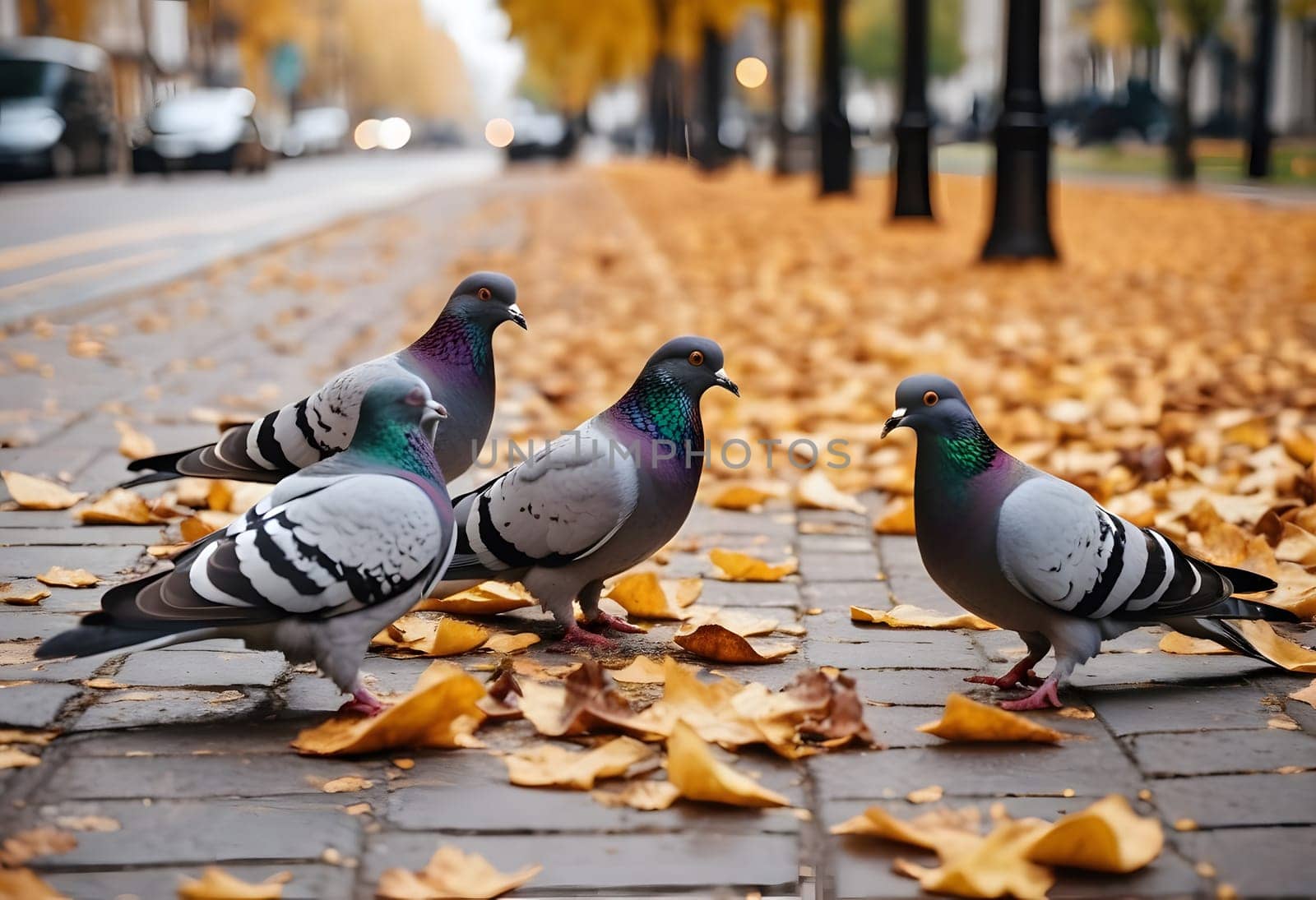 A group of pigeons pecks at crumbs on a city sidewalk as autumn wind blows leaves around them, creating a simple urban scene