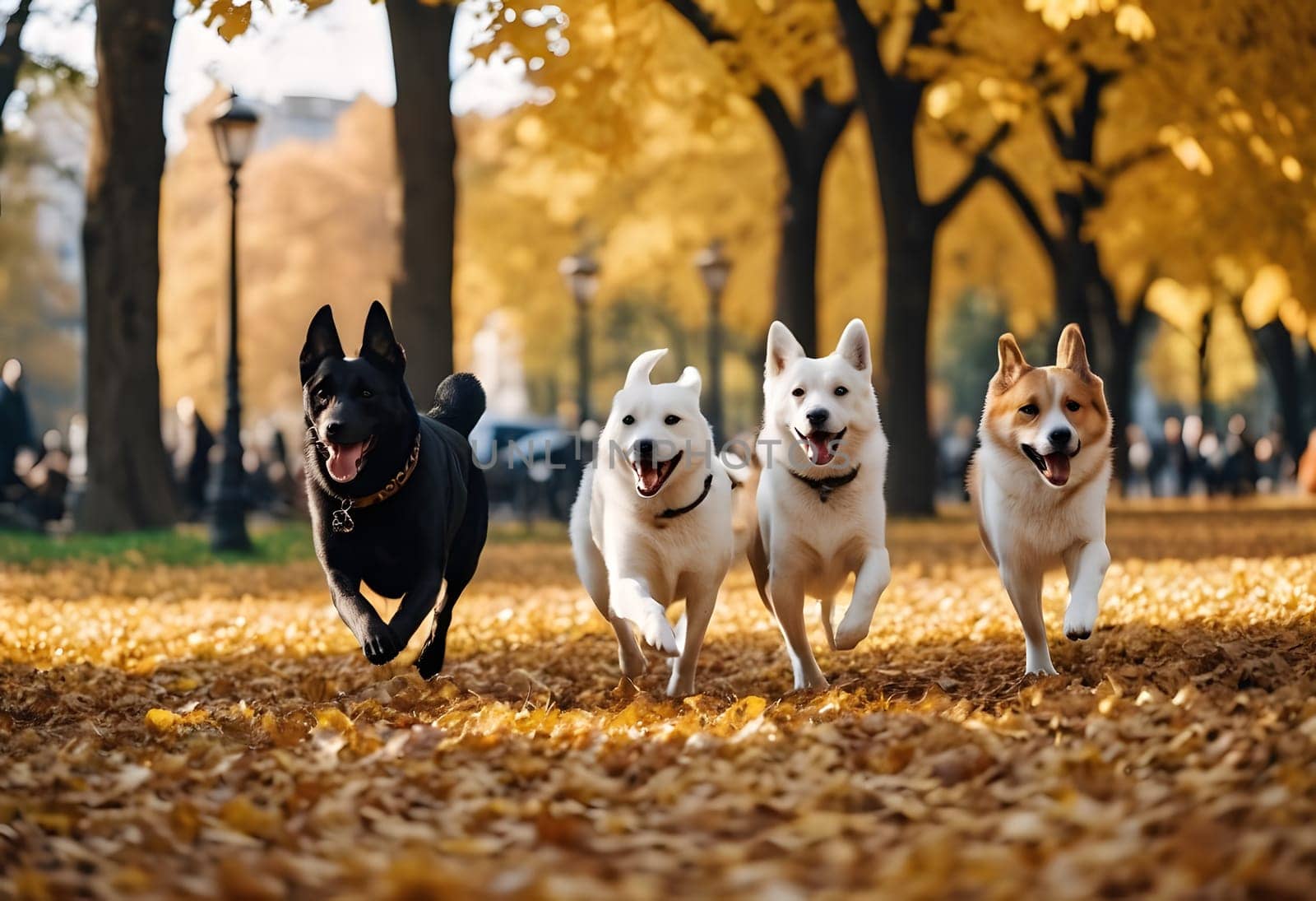 A group of playful dogs chases each other through a city park in autumn, surrounded by colorful leaves and golden light