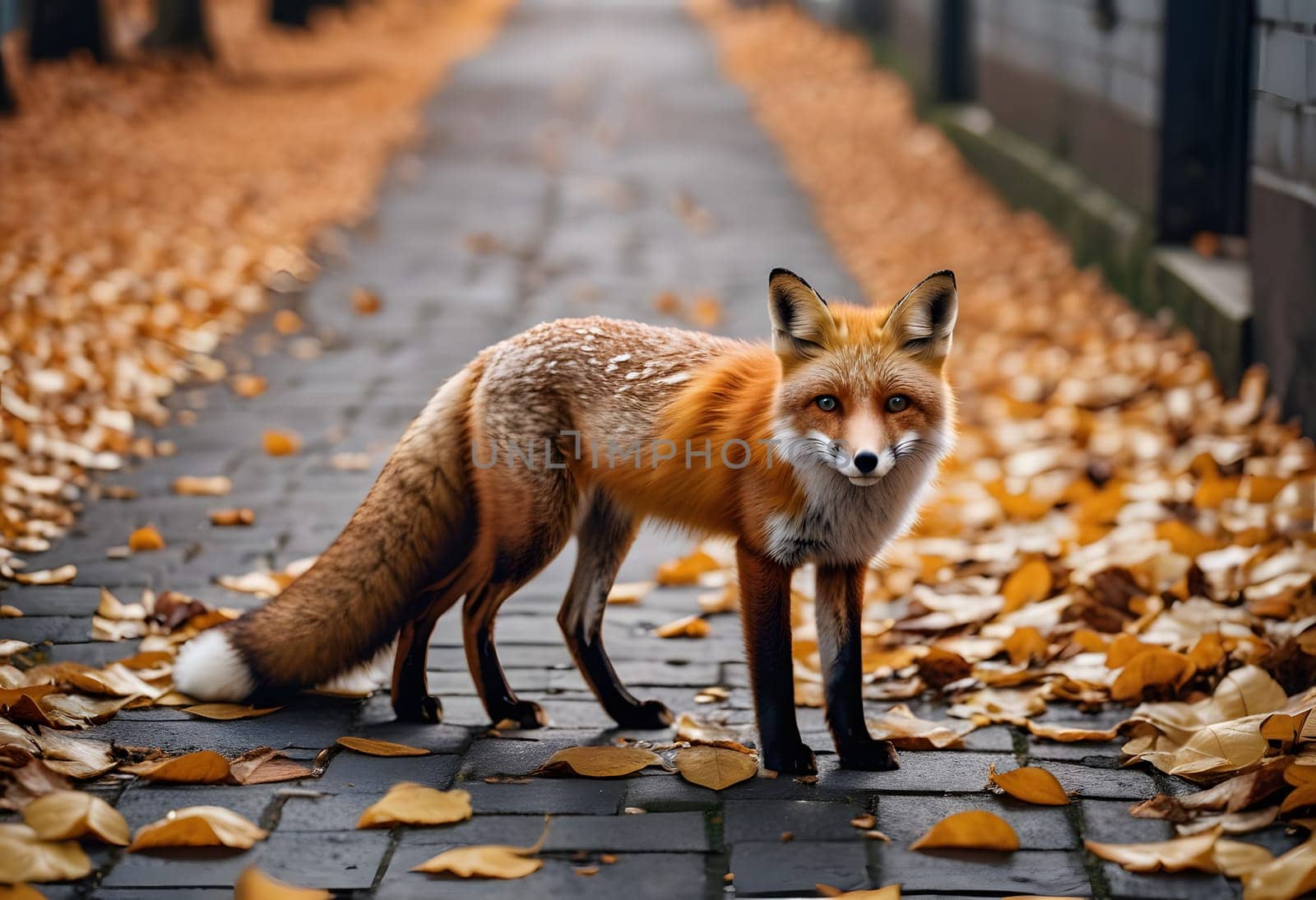 A fox explores a quiet urban alley surrounded by fallen autumn leaves and golden light