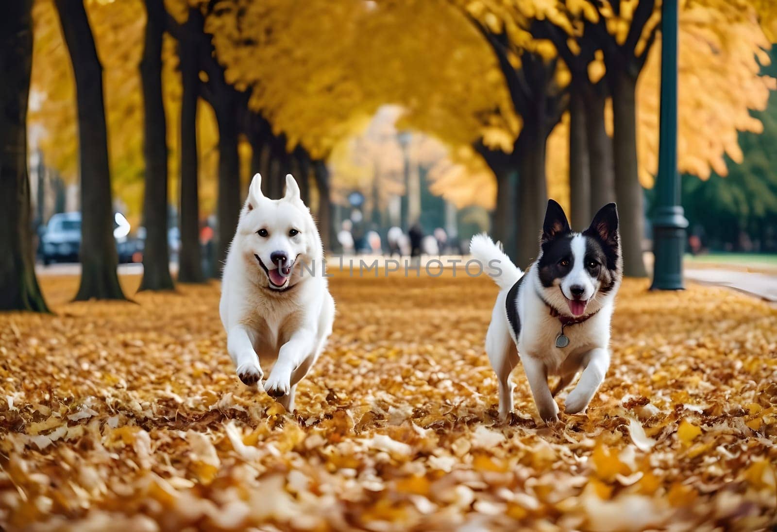 Dogs running and playing in a city park covered in colorful autumn leaves, enjoying the fall weather