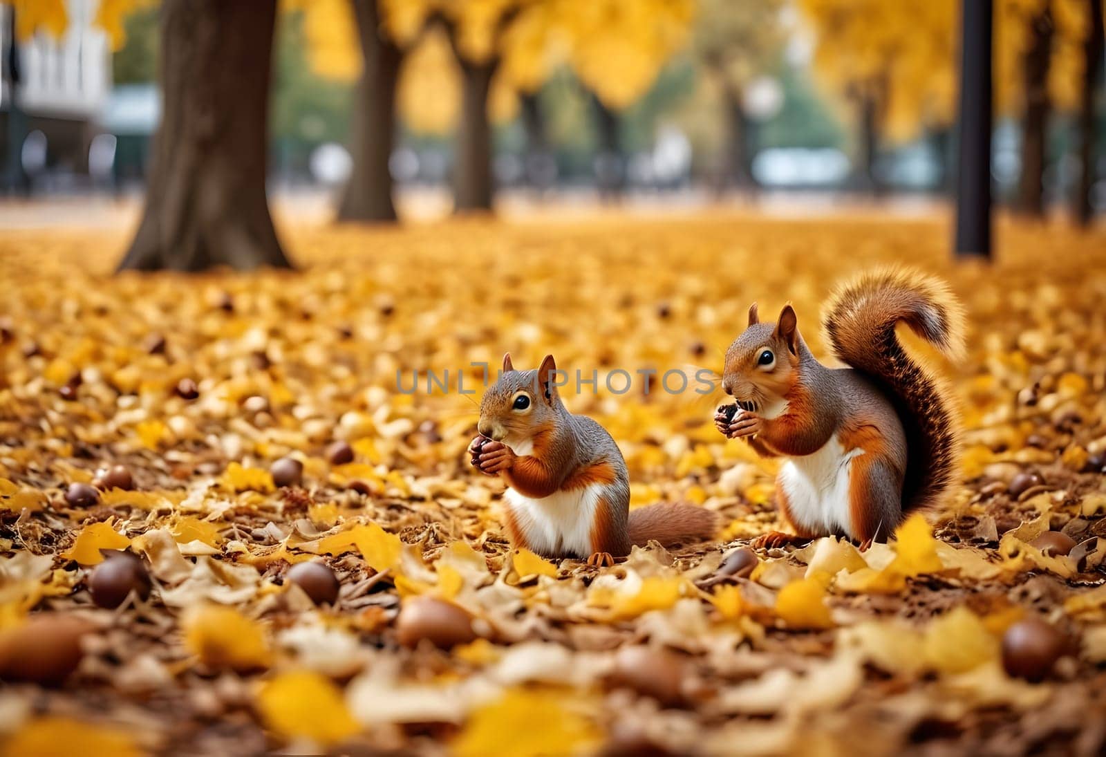 Squirrels gathering acorns in a golden autumn city park surrounded by vibrant falling leaves
