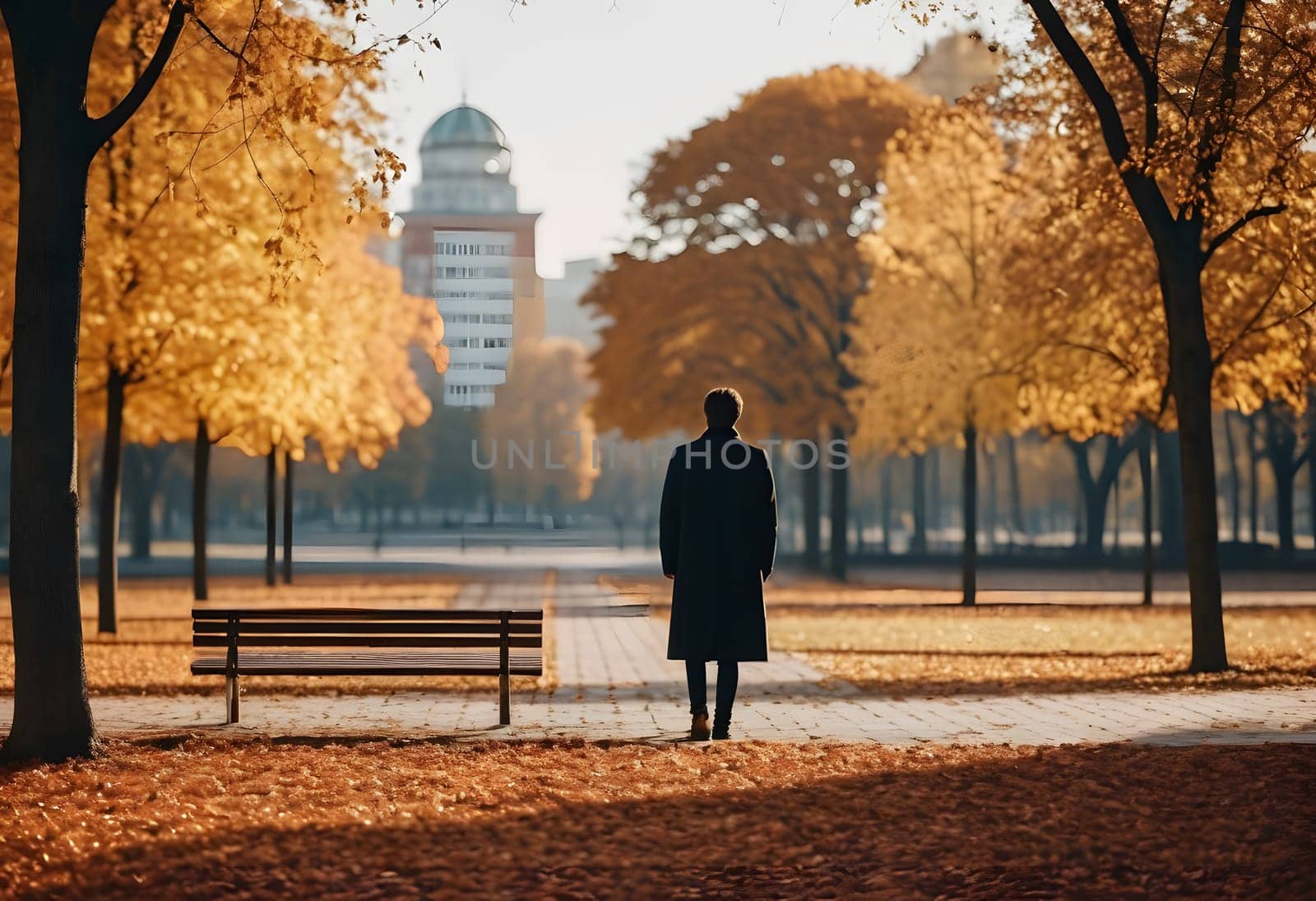 A minimalist scene of a lonely person in an autumn park with geometric buildings in the background, blending nature with urban design