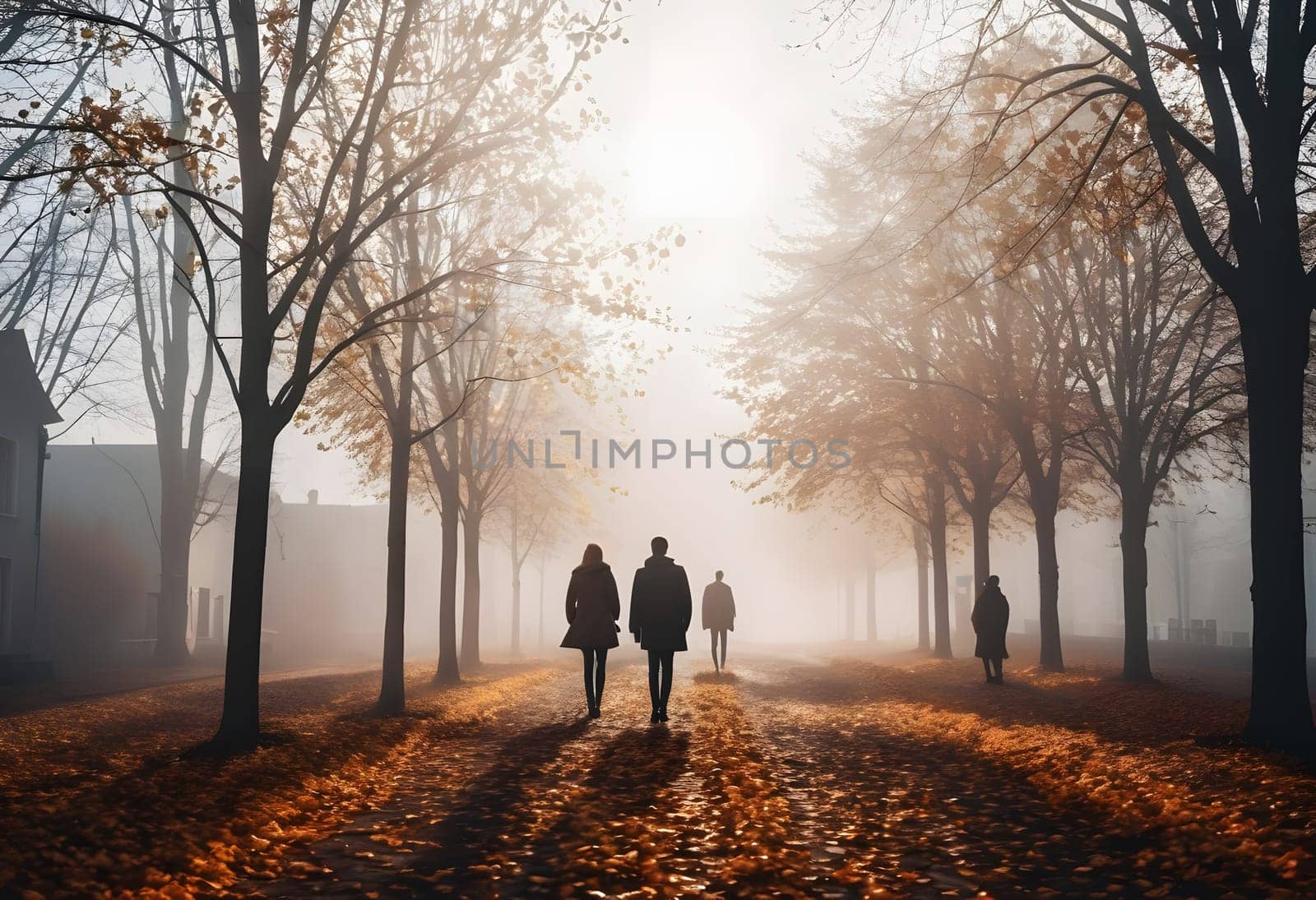 A minimalist autumn city scene with silhouettes of people walking through light fog, soft colors, and a calm, misty atmosphere