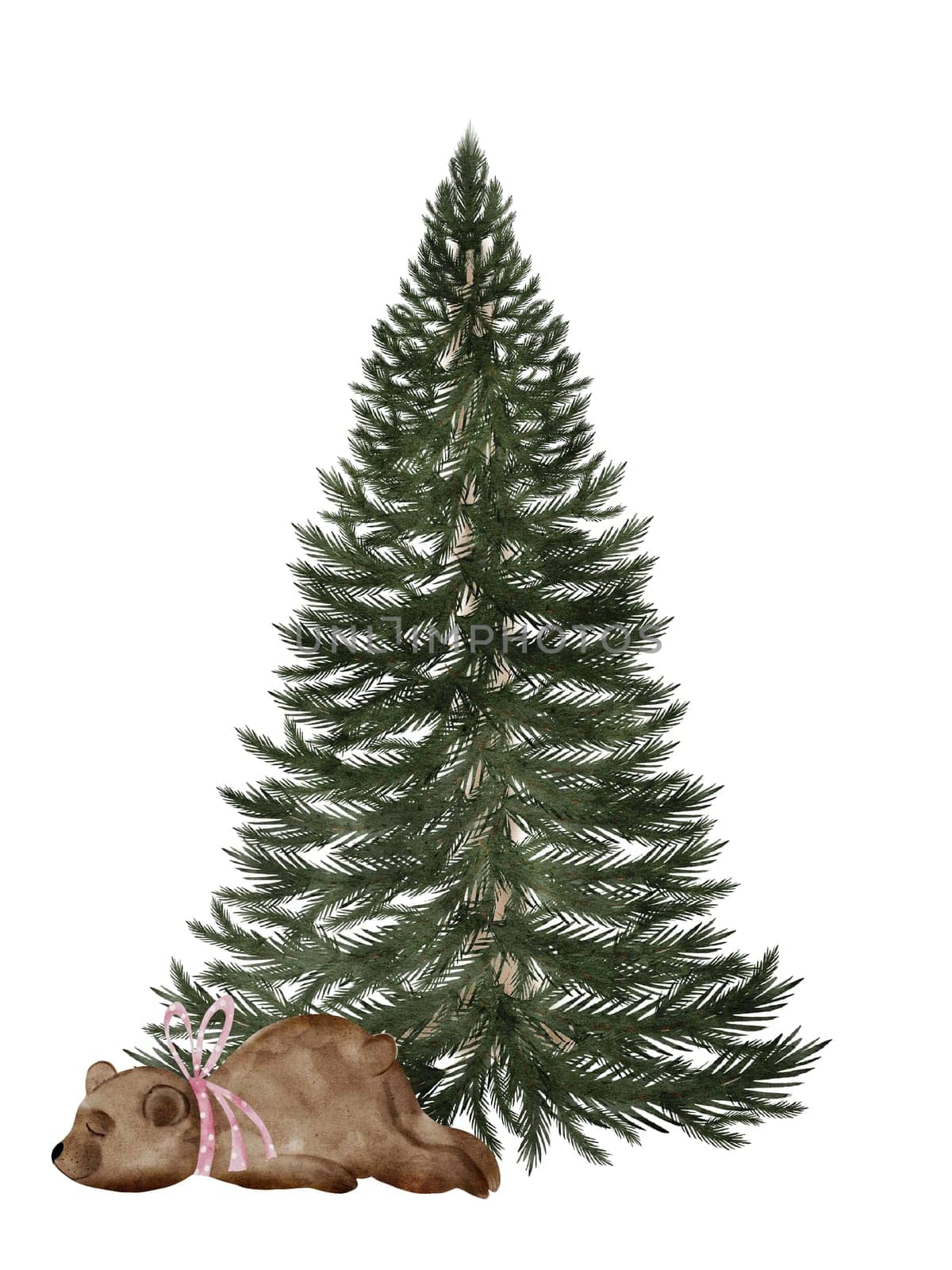 Christmas tree watercolor with bear. Hand drawn vintage evergreen tree isolated on white background. Clip art of Christmas and New Year symbol. Ideal for greeting cards, posters and home crafts design. High quality illustration