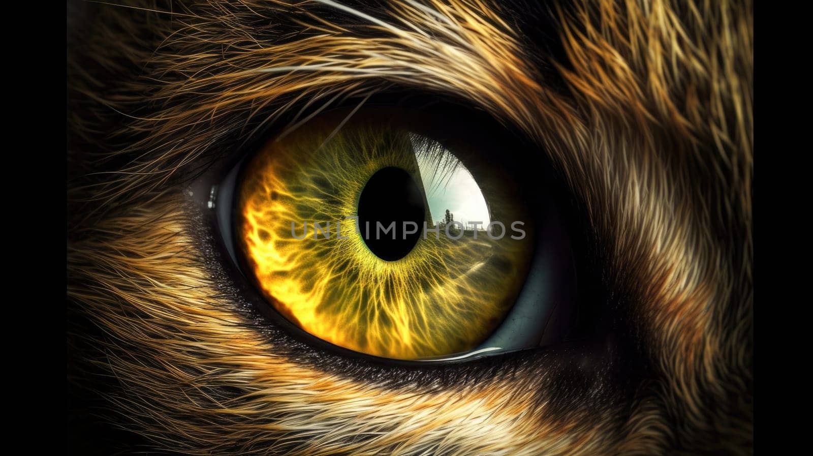 Stunning Close-up of a Beautiful Yellow Cat Eye Surrounded by Luxurious Black brown tabby Fur Details.