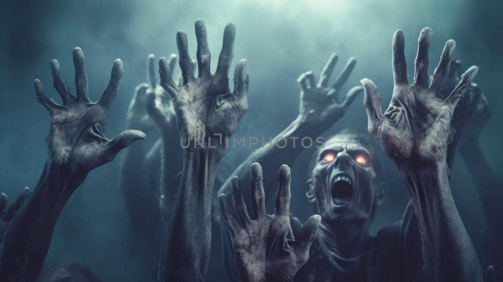 Large Group of Zombies Reaching Towards the Sky in a Dark and Eerie Setting.