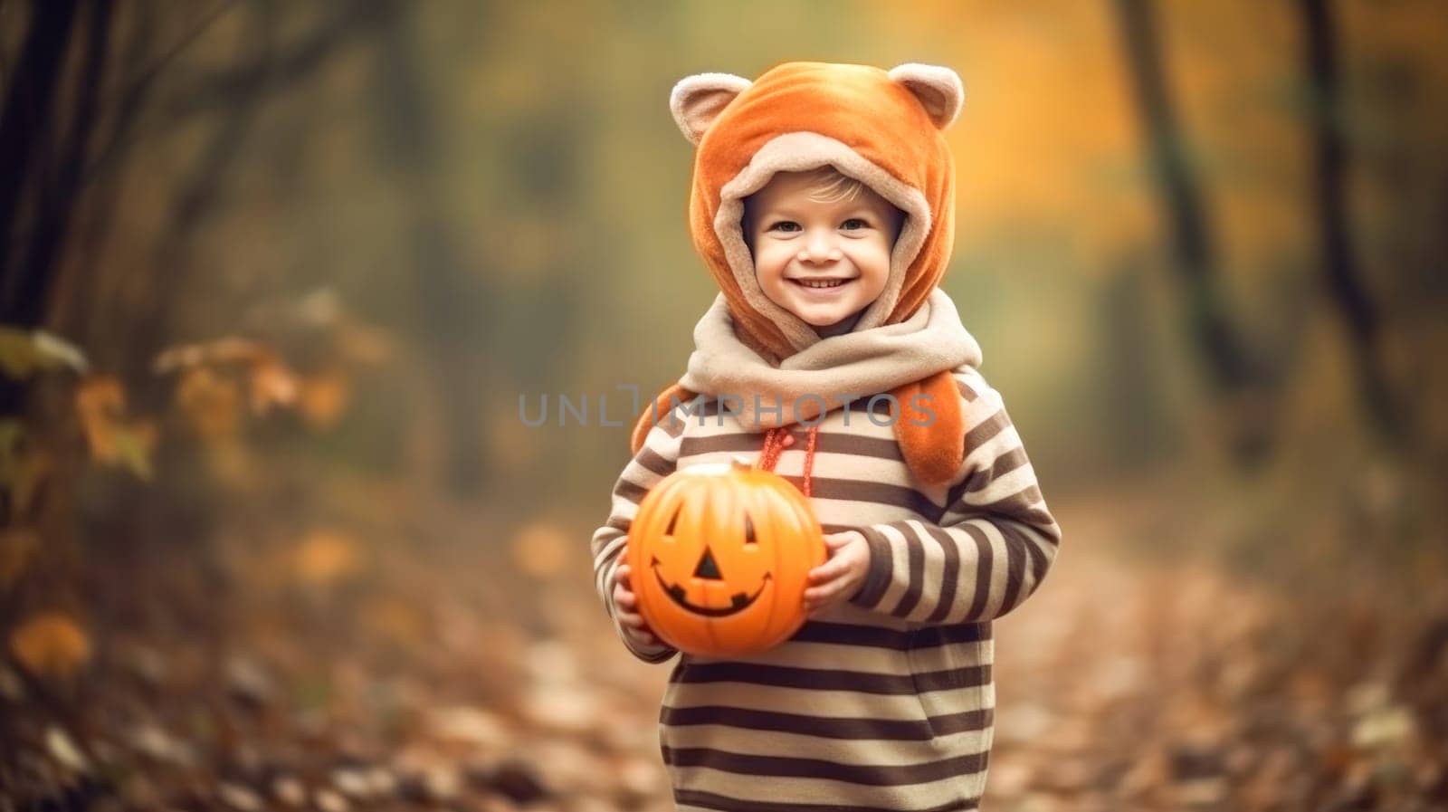 A Young Boy Dressed as a Tiger Walking in a Colorful Autumn Forest with a Pumpkin.