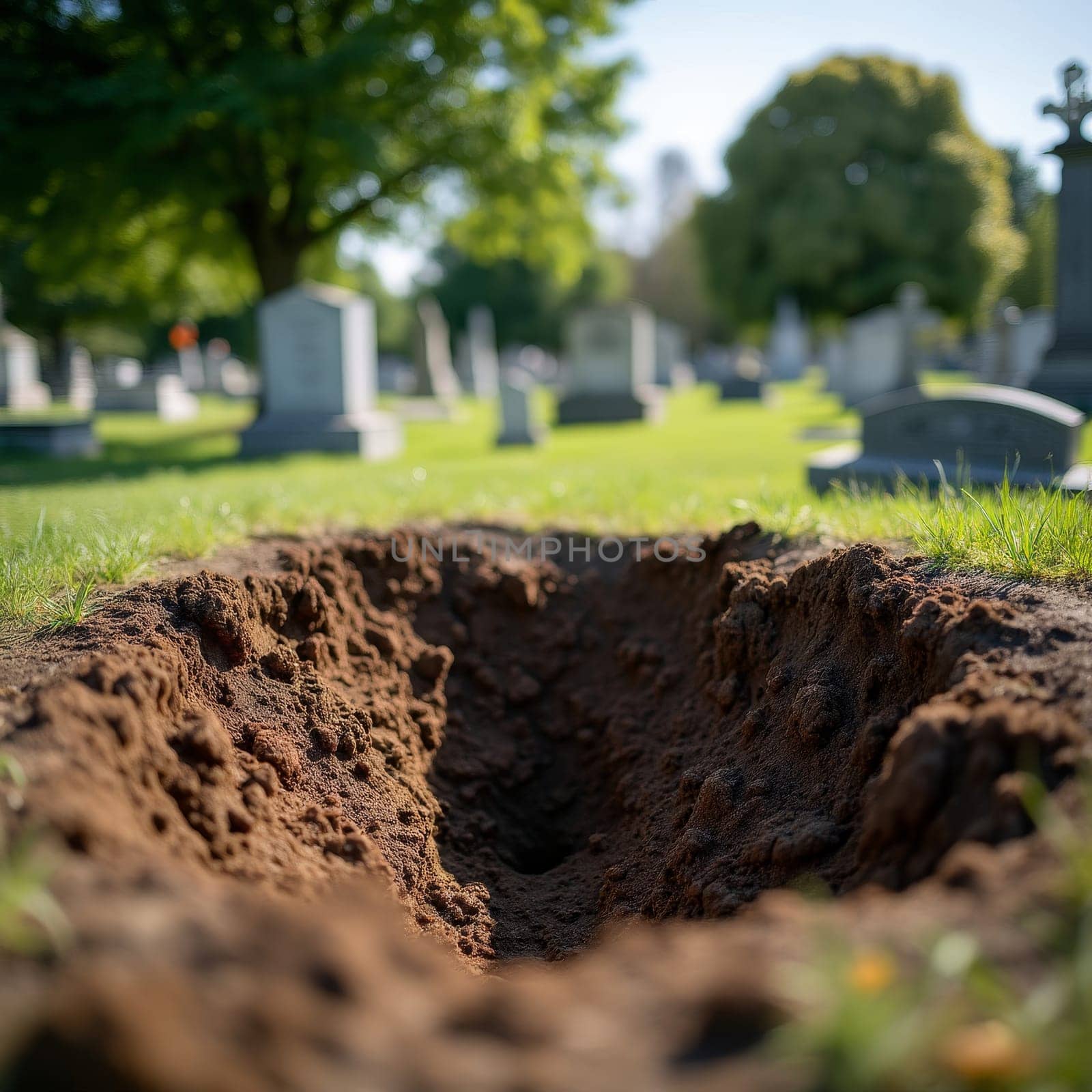 An open grave in a sunlit cemetery, surrounded by green grass and headstones, depicting the cycle of life and death.