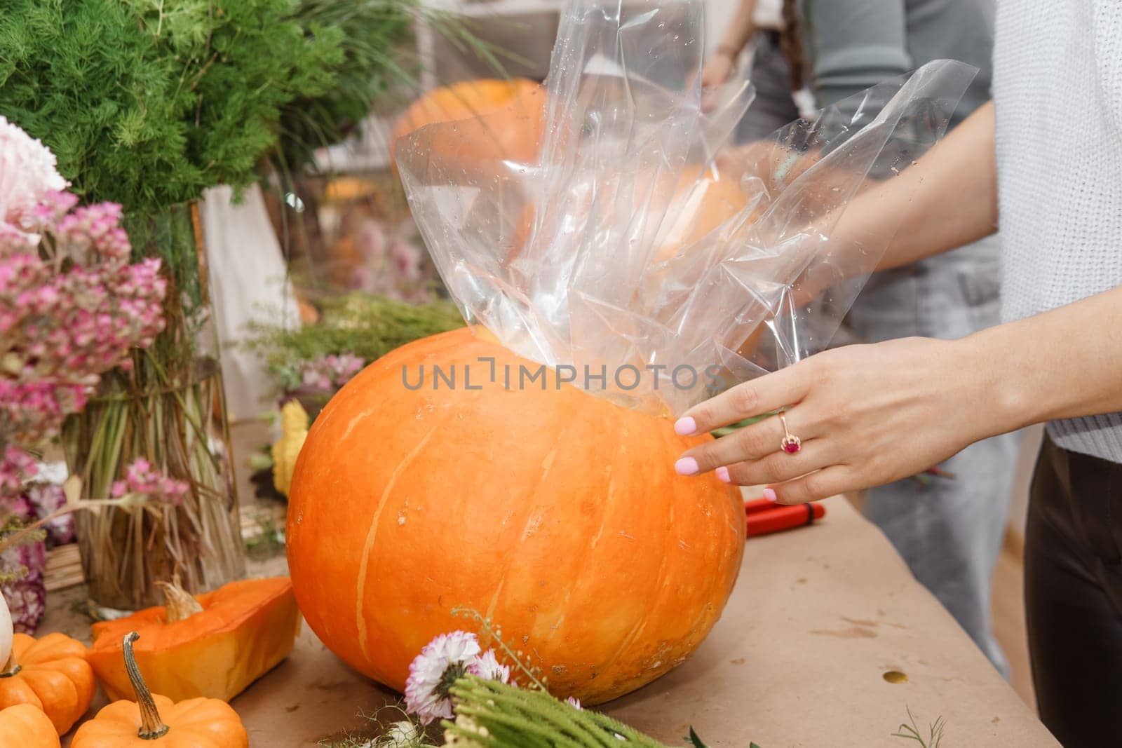 Creating a floral composition in a pumpkin. Making decor with your own hands