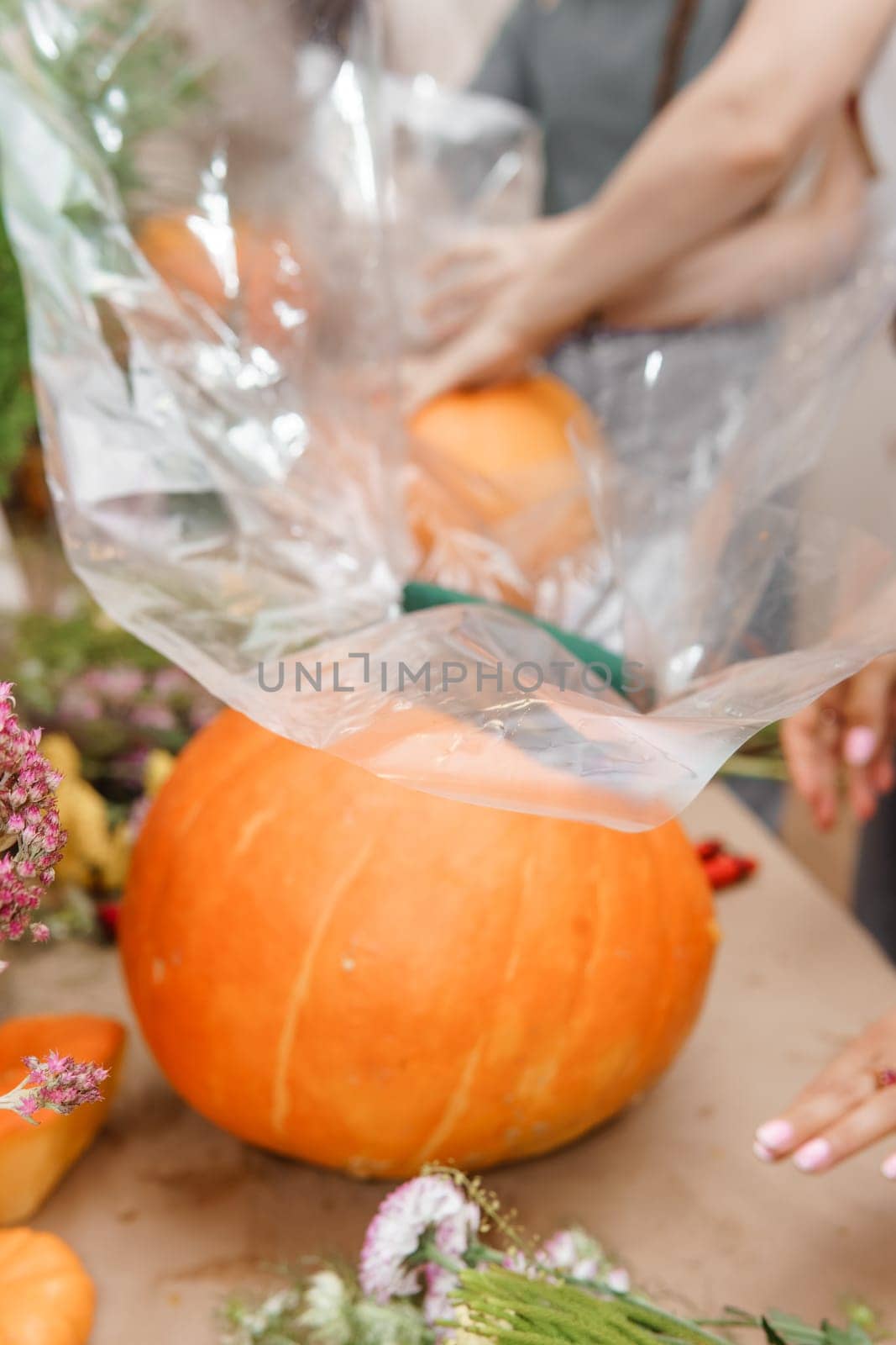 Creating a floral composition in a pumpkin. Making decor with your own hands