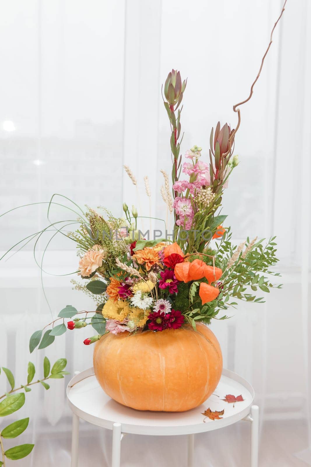 Flower arrangement in a pumpkin, autumn interior decor. Creating handmade autumn decor