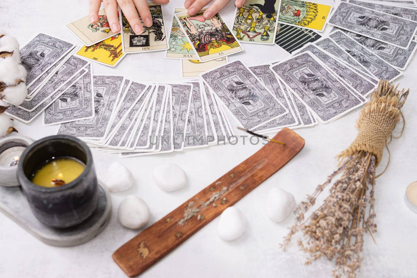 TVER, RUSSIA - FEBRUARY 18, 2024. Tarot cards, Tarot card divination, fortune telling. Occultism, esoteric education