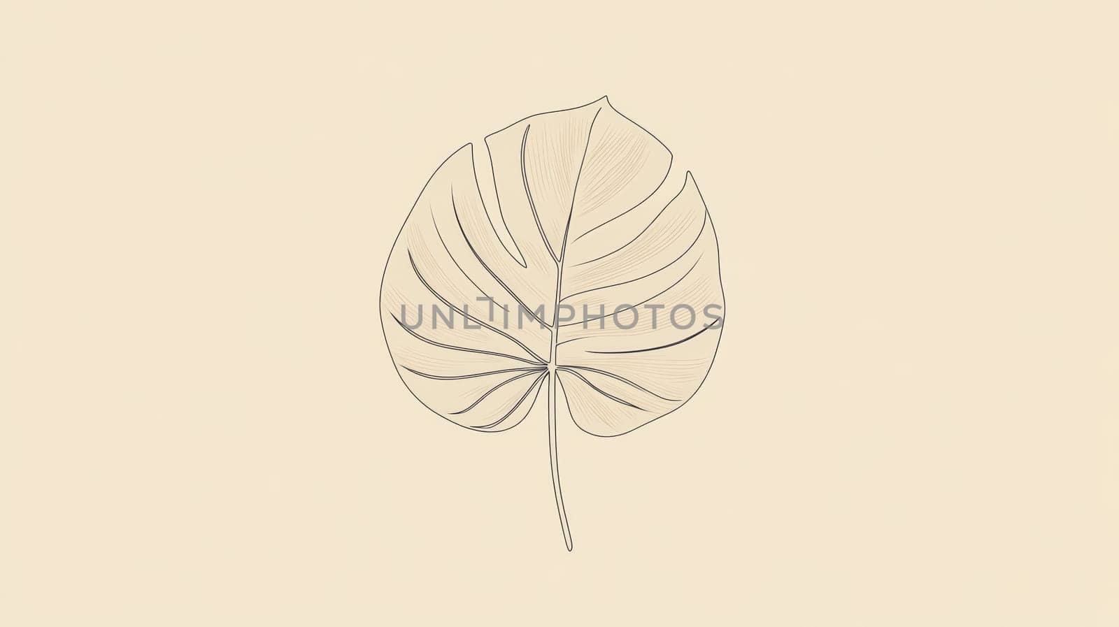 Minimalistic line drawing of a leaf on beige background, nature illustration concept.