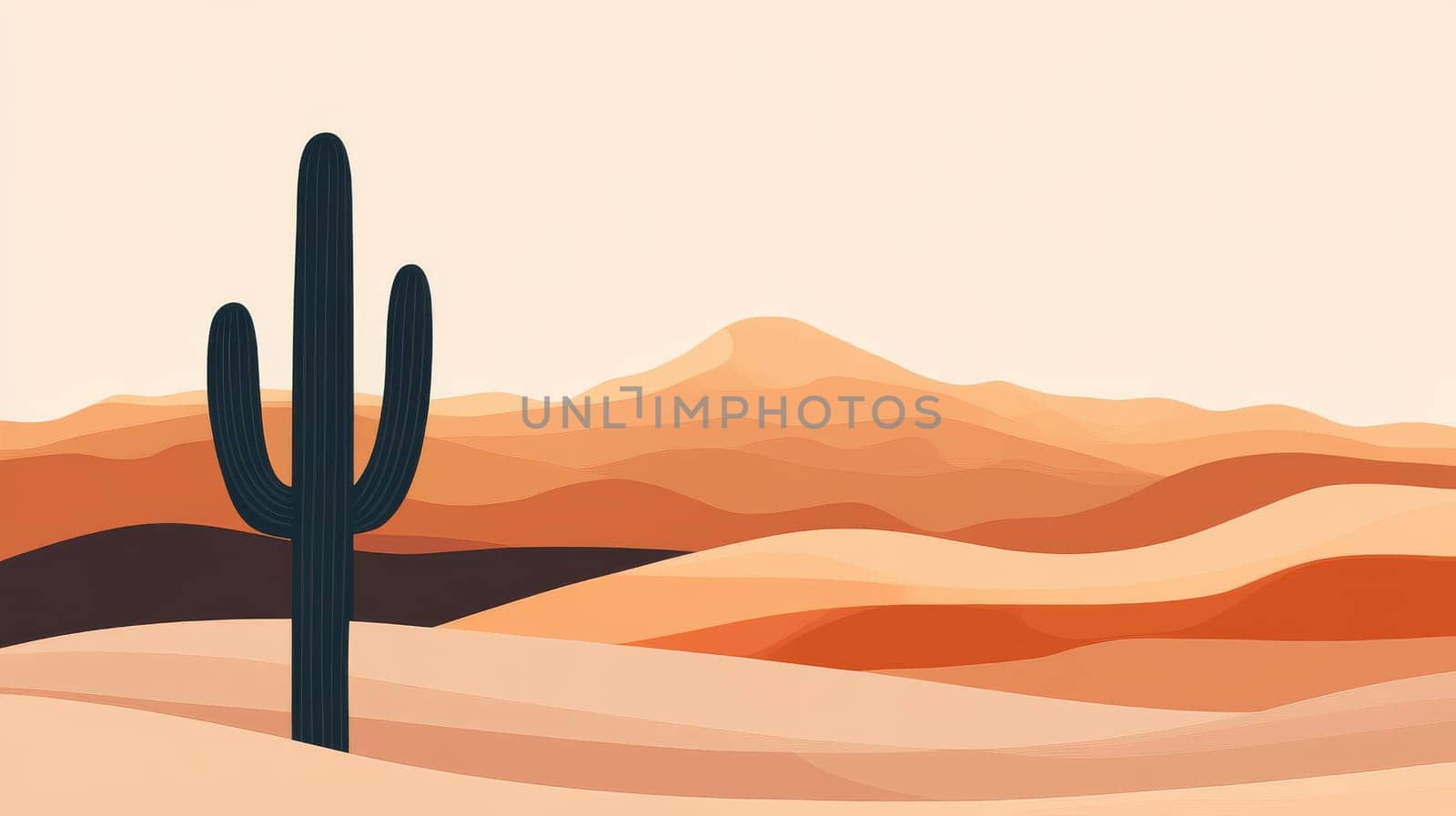 cactus in a desert landscape with mountains at sunset, minimalist art. nature and tranquility concept.