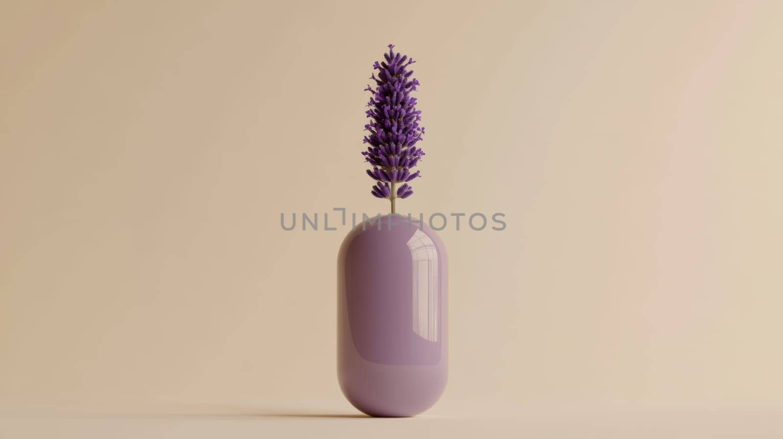 Lavender flower in purple capsule on beige background, minimalistic calming concept.