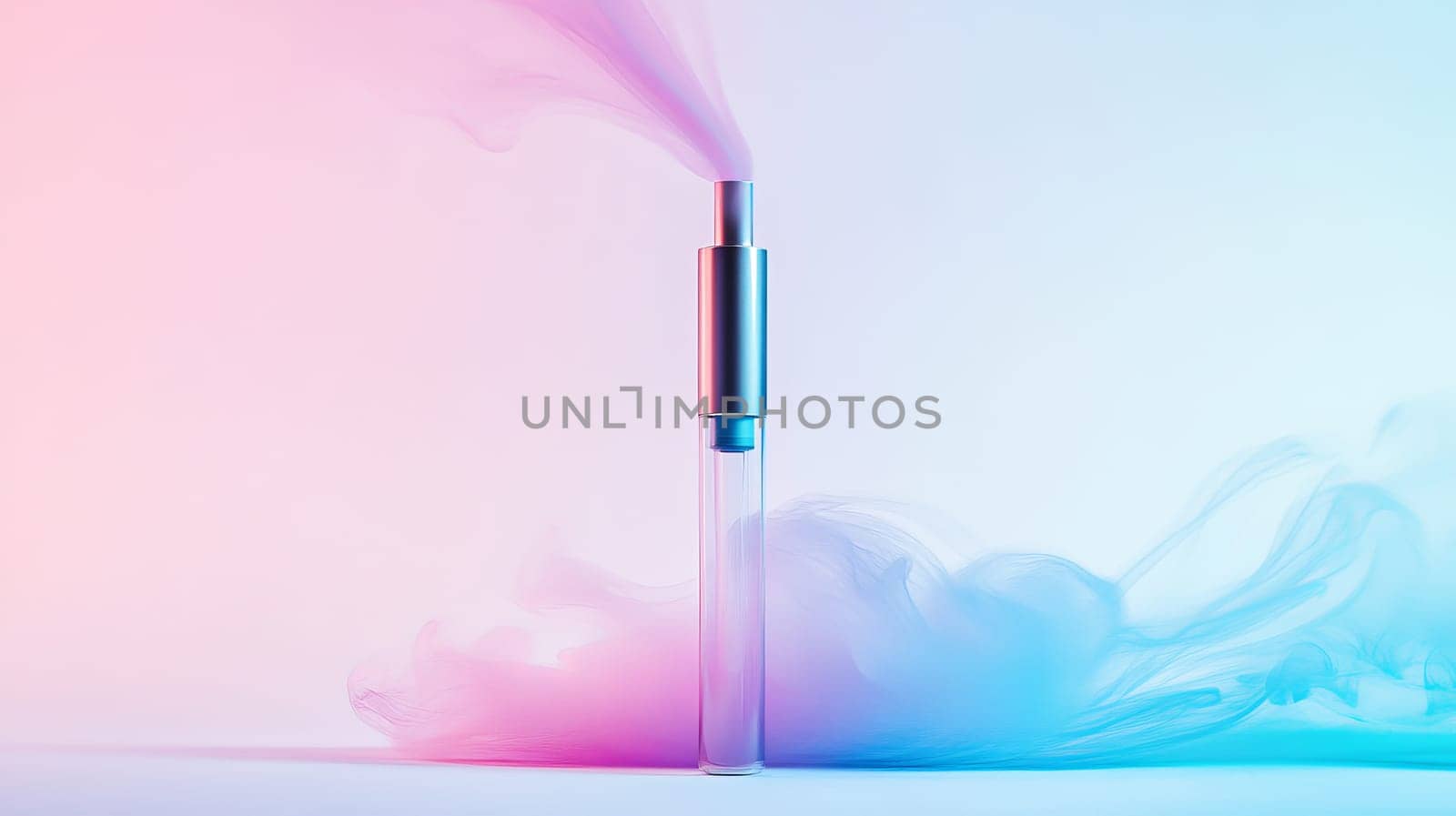 Vape with colorful smoke against gradient background.