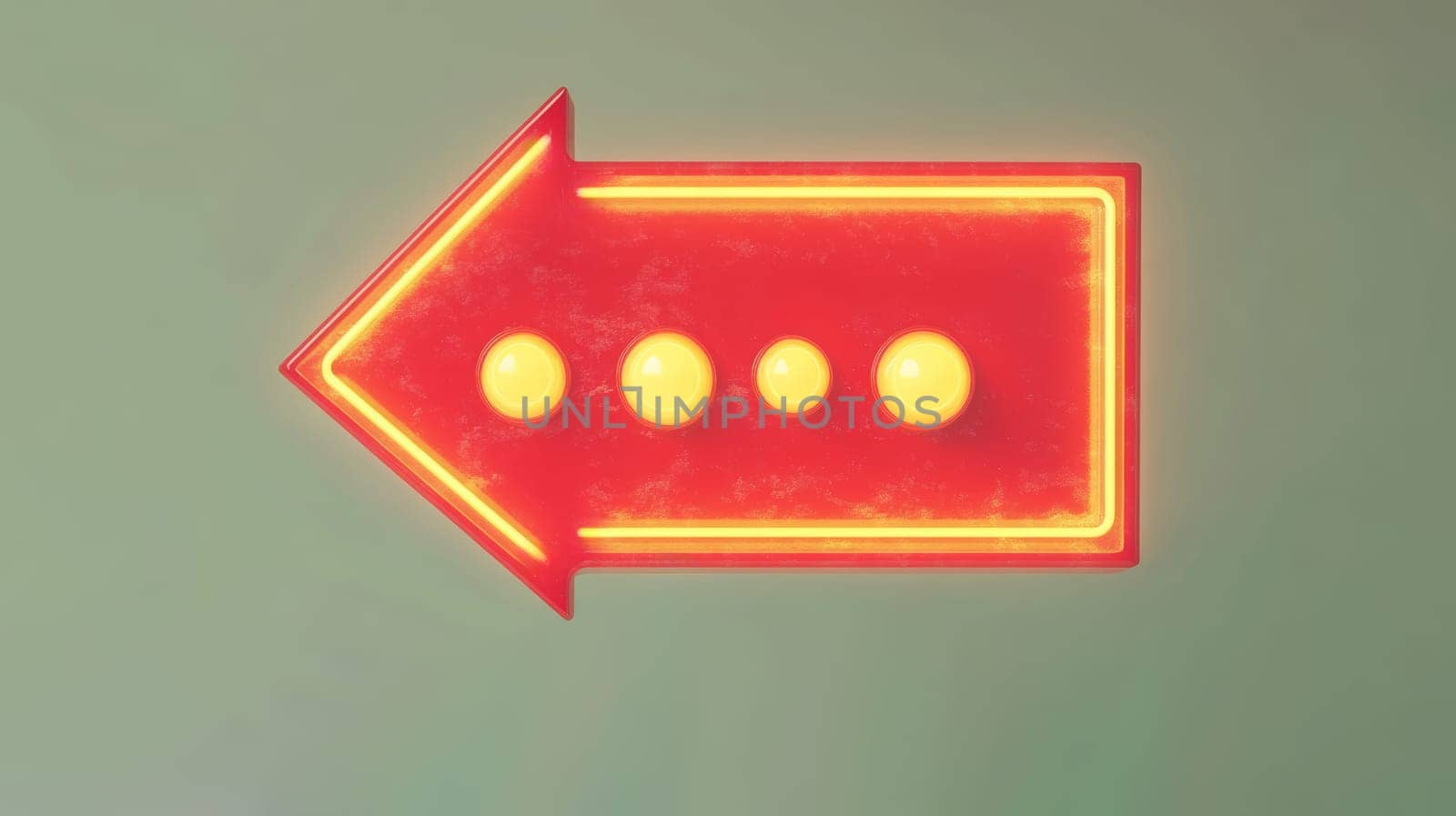 Neon red arrow sign with yellow glow on green background.