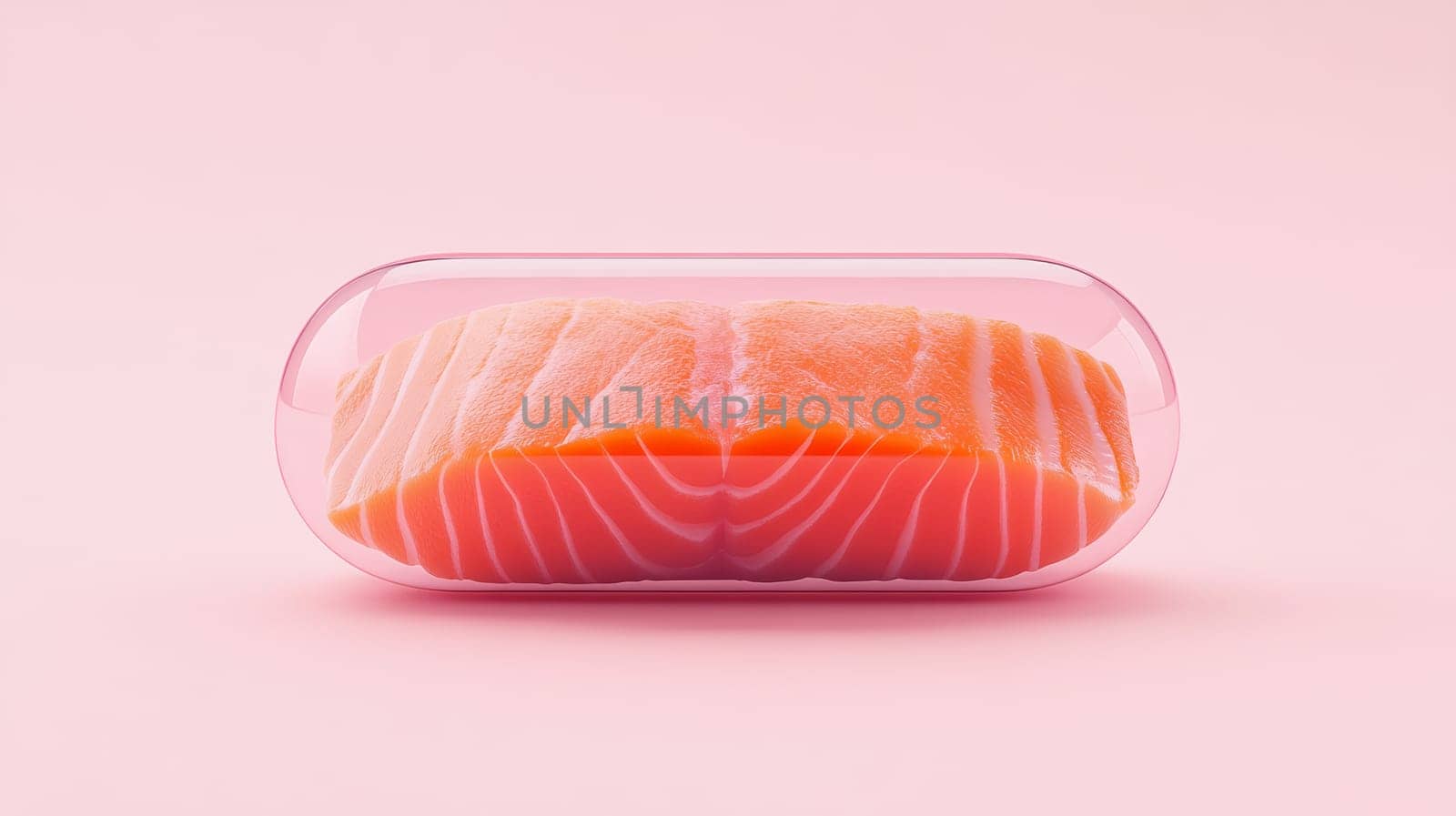 Salmon fillet encapsulated in transparent pill on pastel pink background.