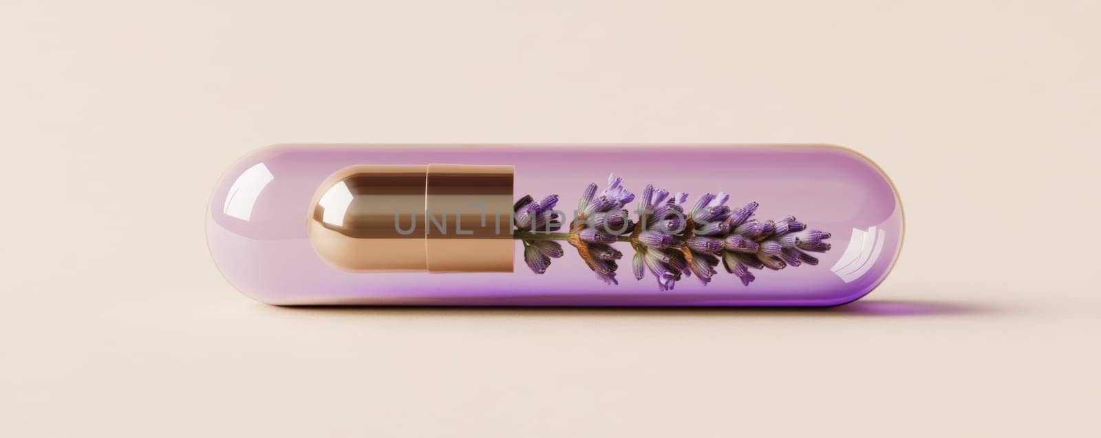 Lavender encapsulated in a pill, minimalist design. Health and wellness concept.