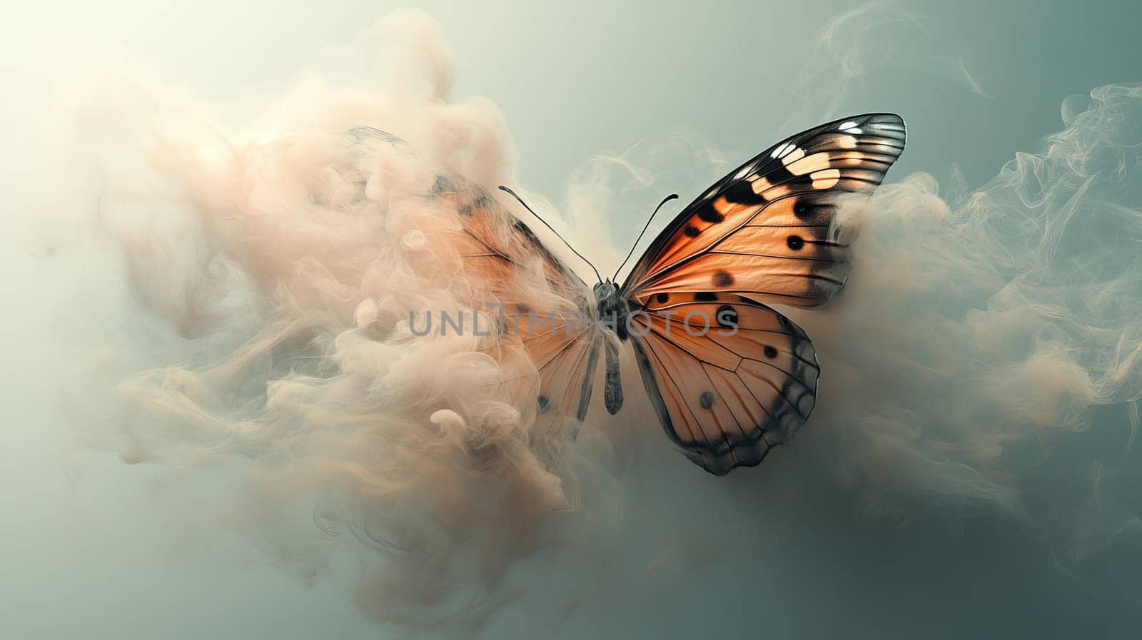 Butterfly in swirling mist on light background.