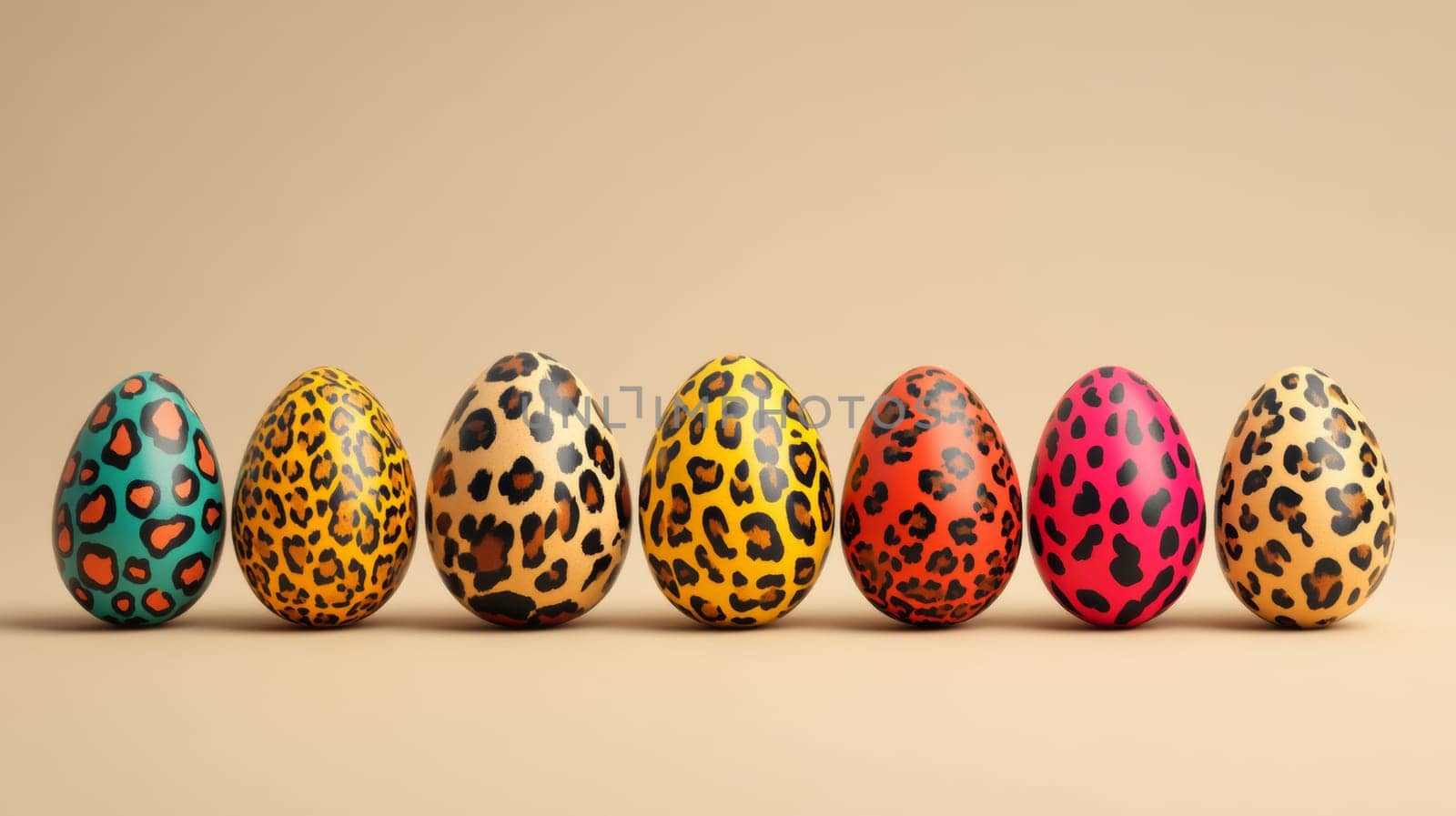 Colorful easter eggs with leopard print patterns in a row, playful design concept.