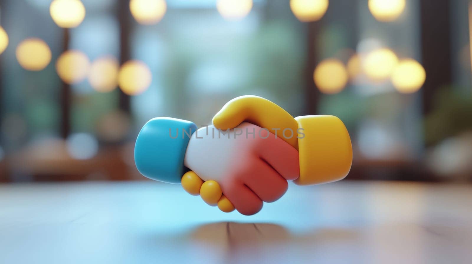 Colorful handshake illustration against blurred background, symbol of cooperation.