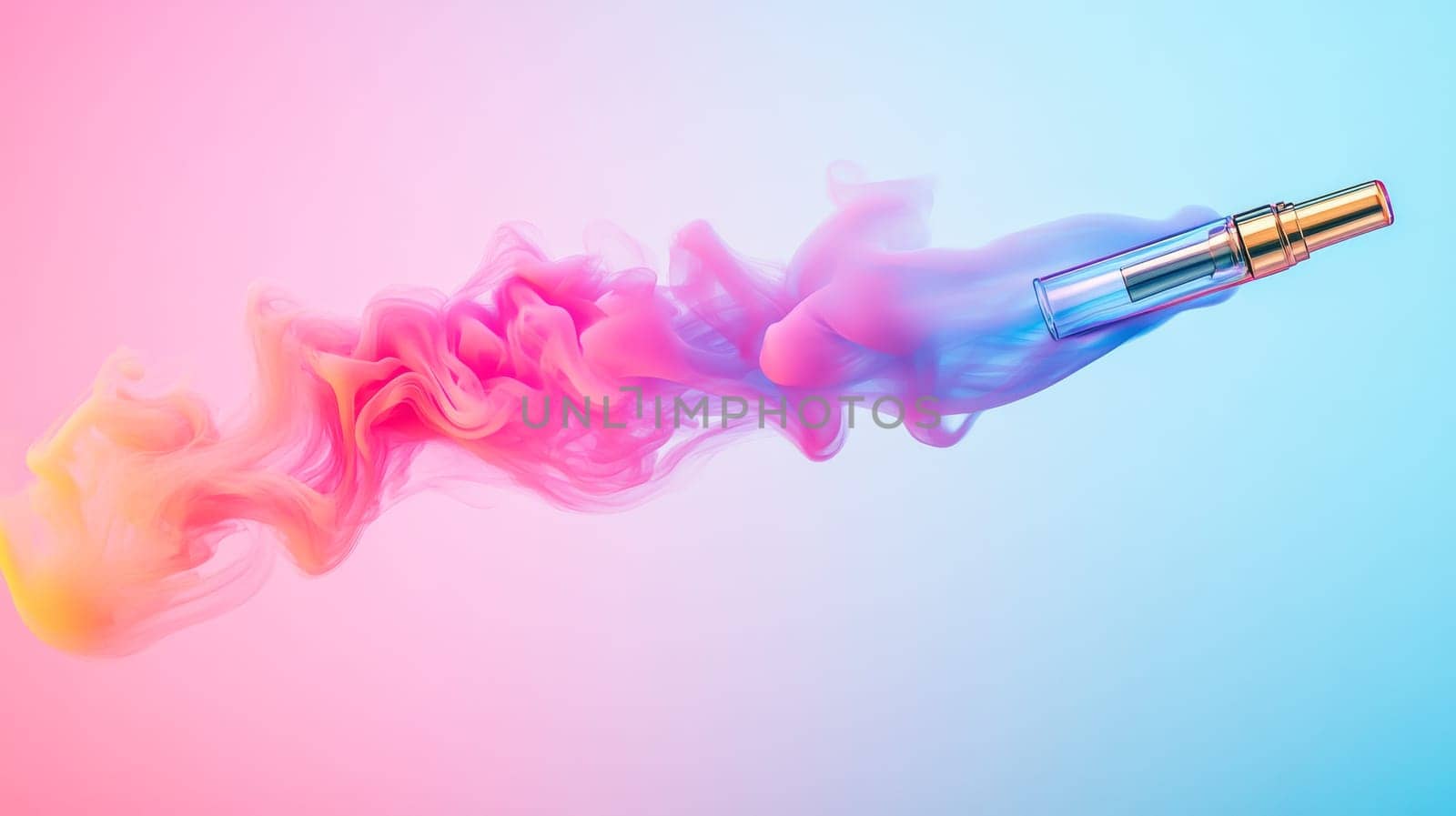 Vape pen with colorful smoke on gradient background.