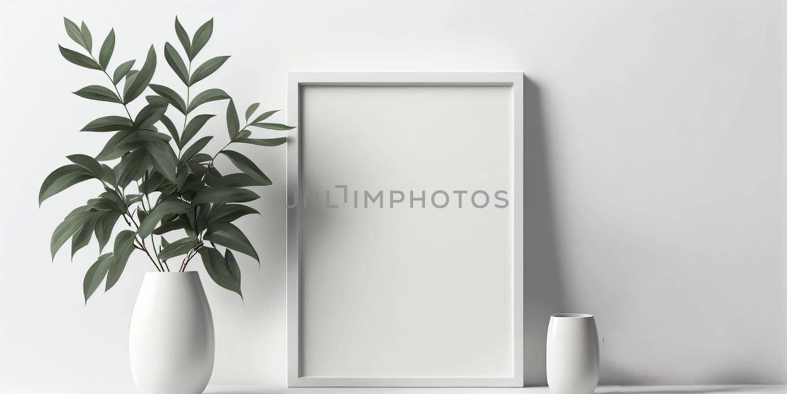 A beautiful picture frame is hanging on a wall right next to two lovely potted plants that add a touch of nature to the room