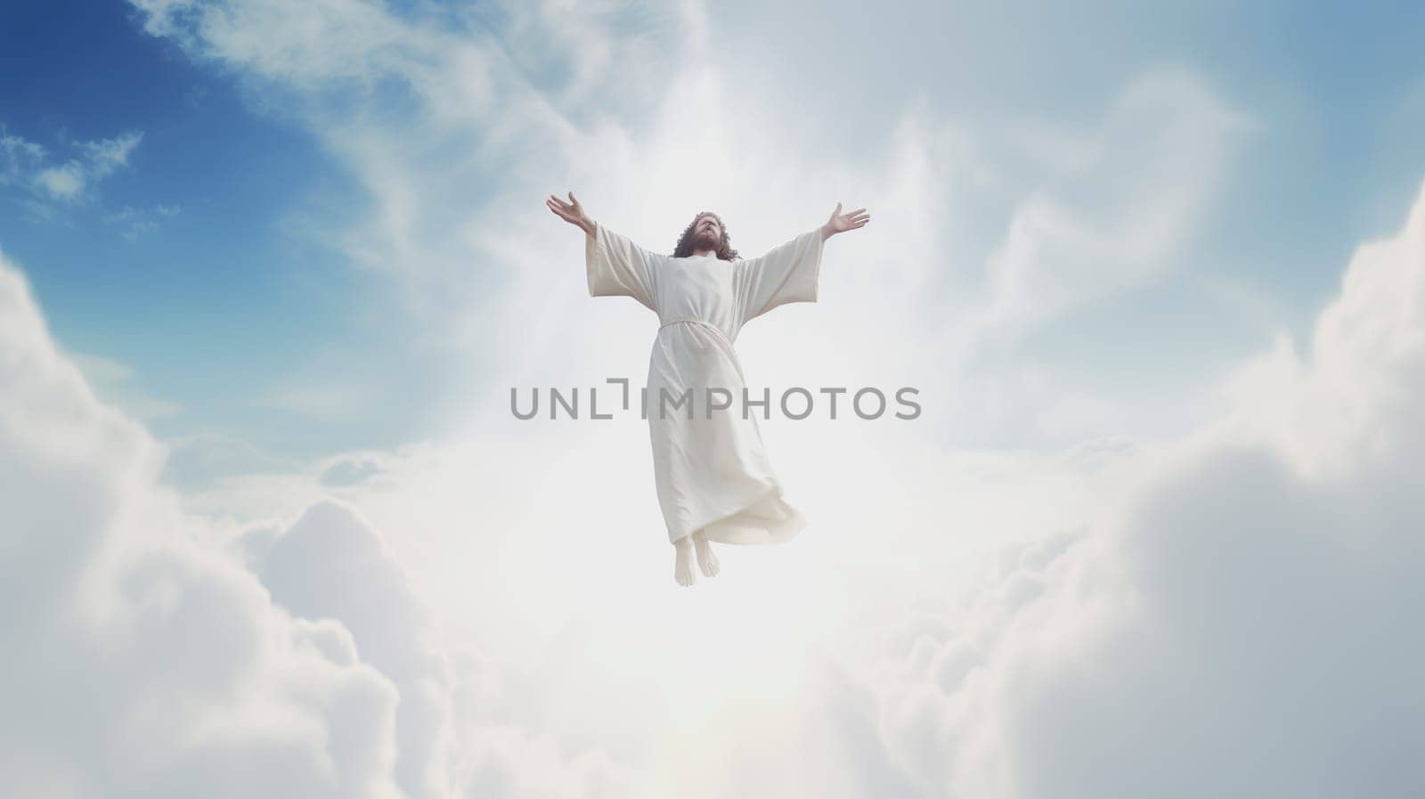 Jesus is soaring through the fluffy clouds above, with his arms widely outstretched in a gesture of joy and welcome to all below