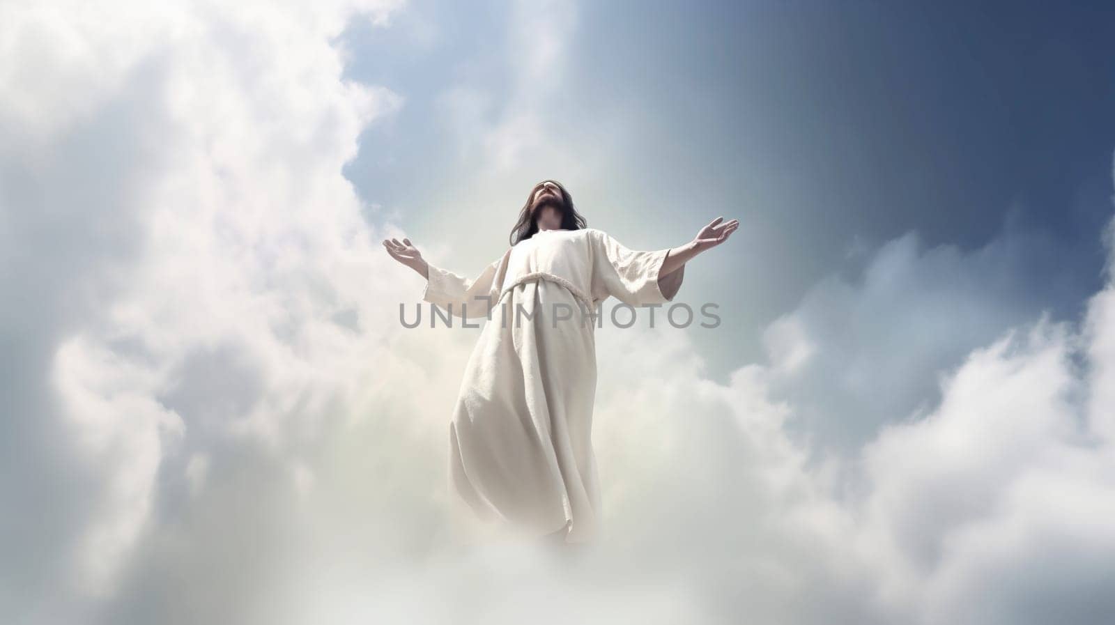 Jesus is soaring through the fluffy clouds above, with his arms widely outstretched in a gesture of joy and welcome to all below