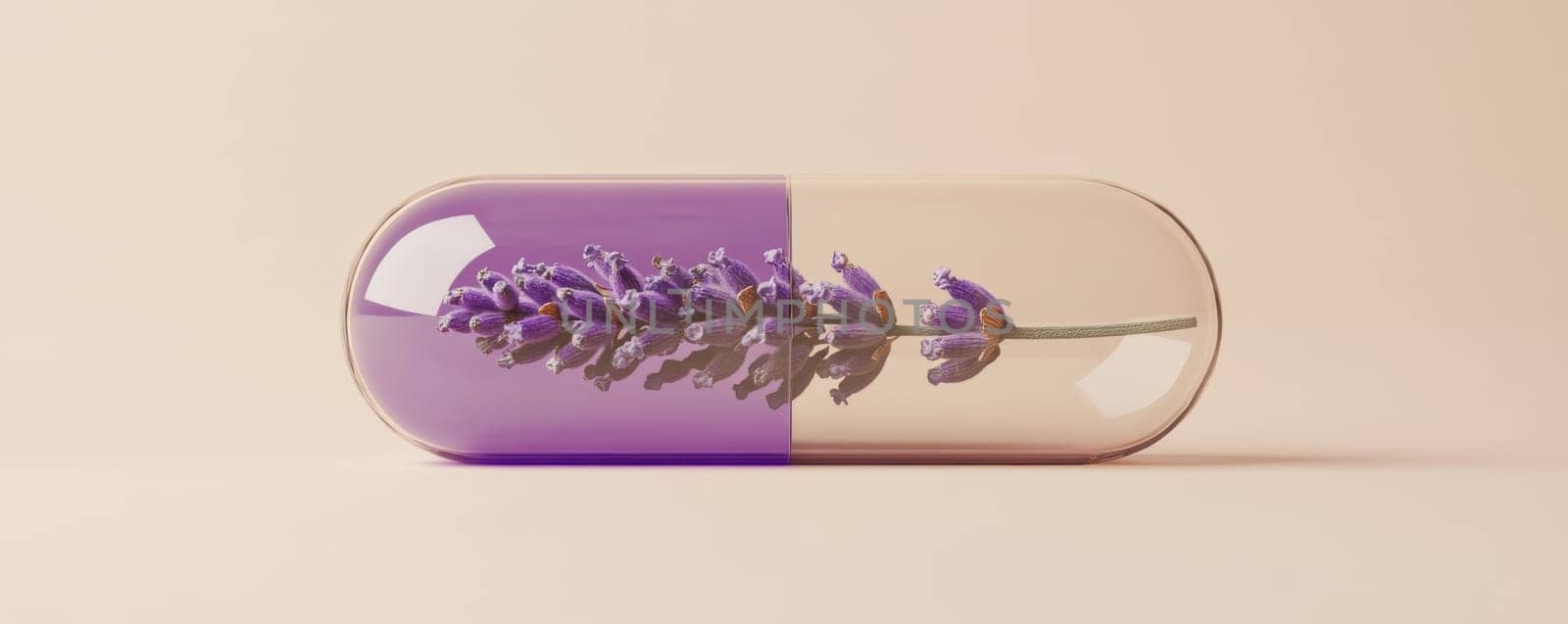 Lavender sprig encapsulated in transparent pill, minimalistic still life. Nature meets medicine concept.