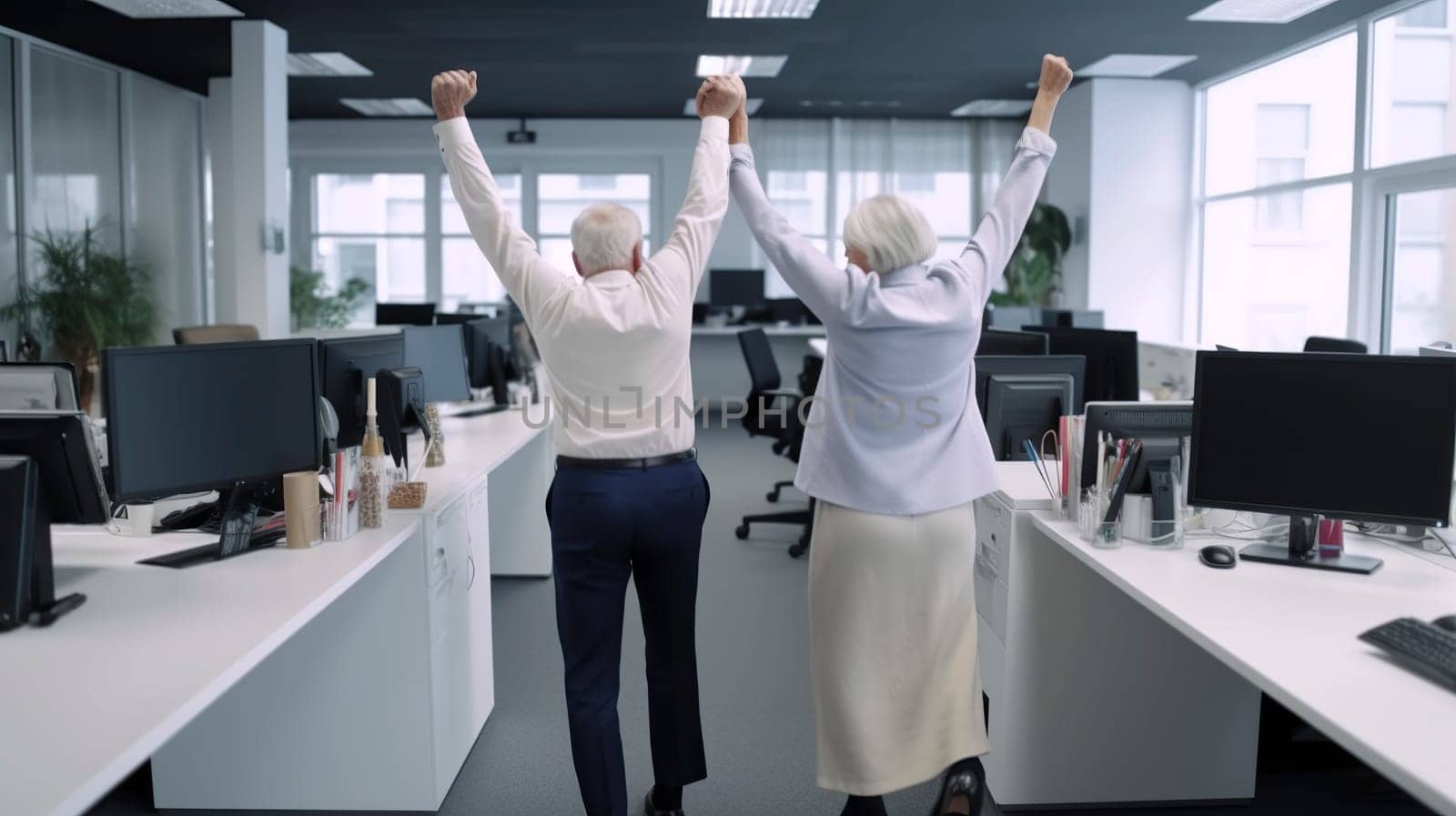 A man and a woman are both standing excitedly in an office, with their arms raised high in the air, celebrating a significant achievement or moment
