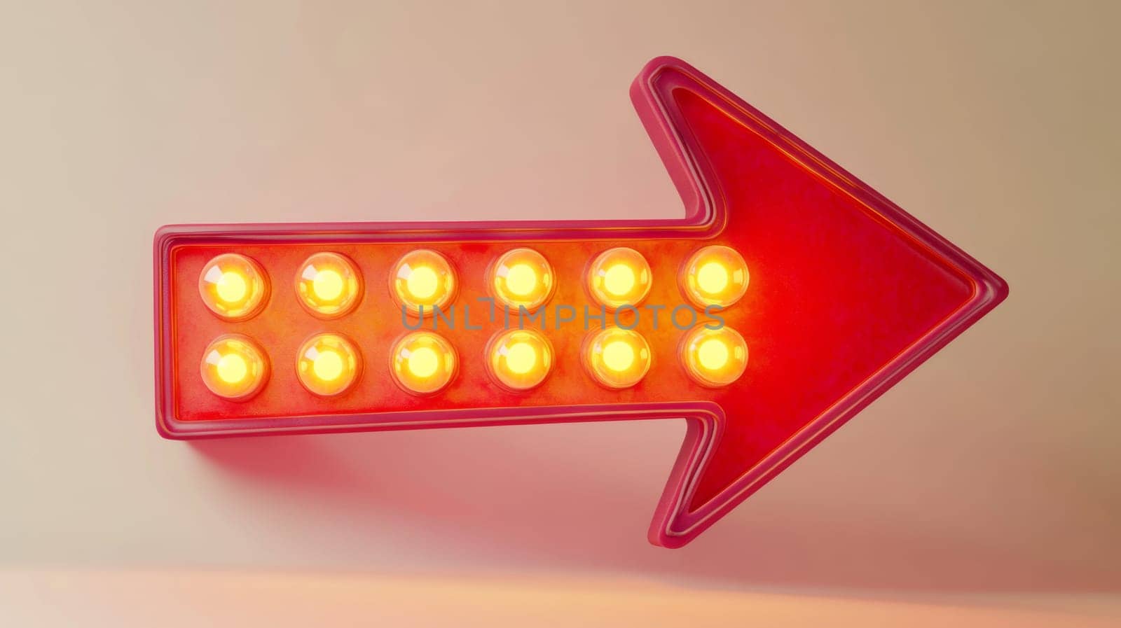 Illuminated red arrow sign on wall, retro signage concept.