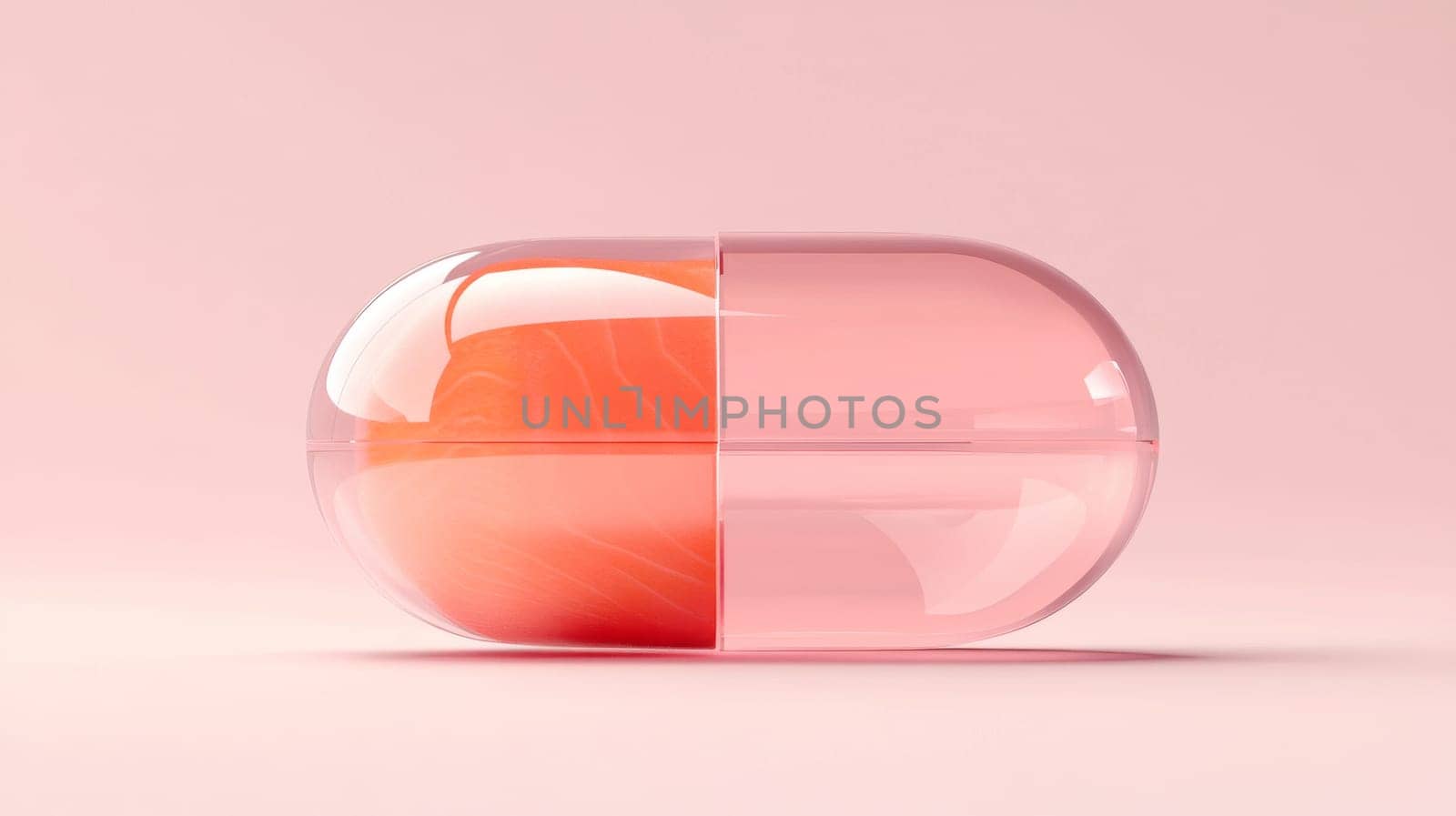 Pink capsule with salmon texture, minimalistic design. Creative health and wellness concept.