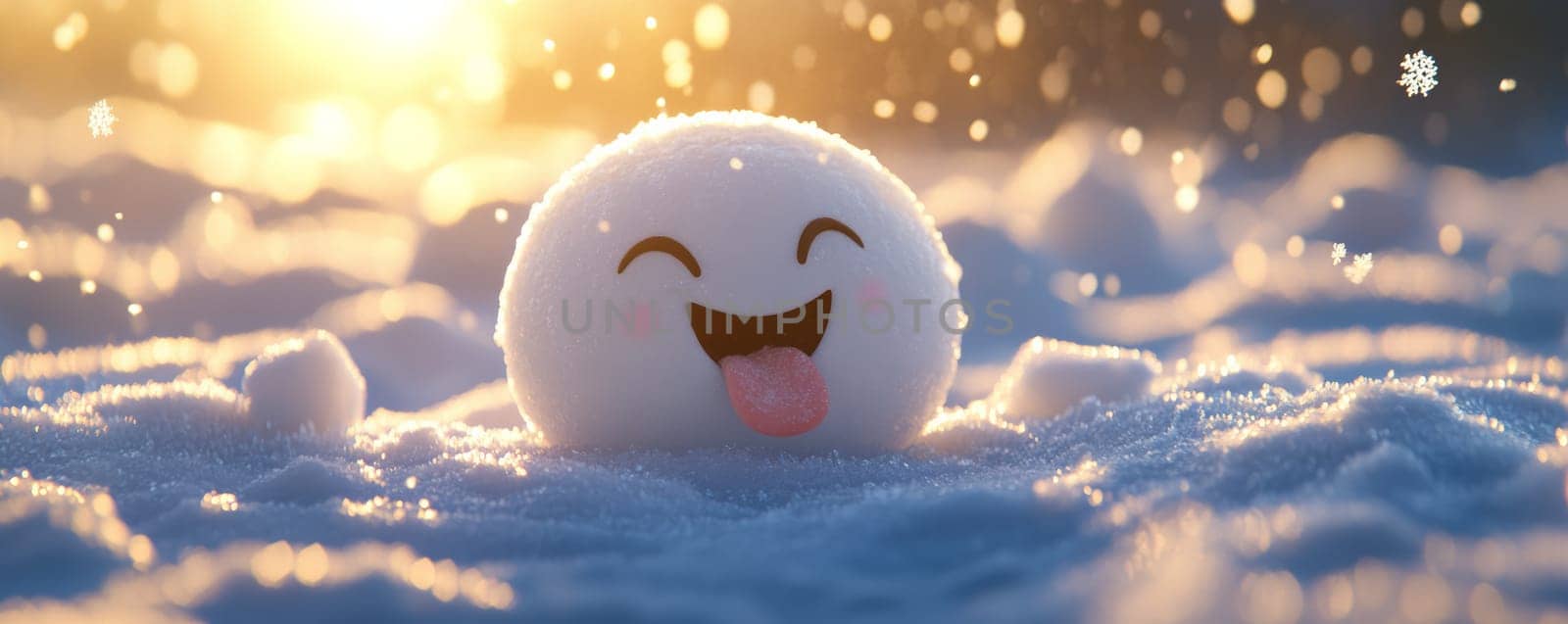 Cute snowball character in sunlight, winter joy concept.