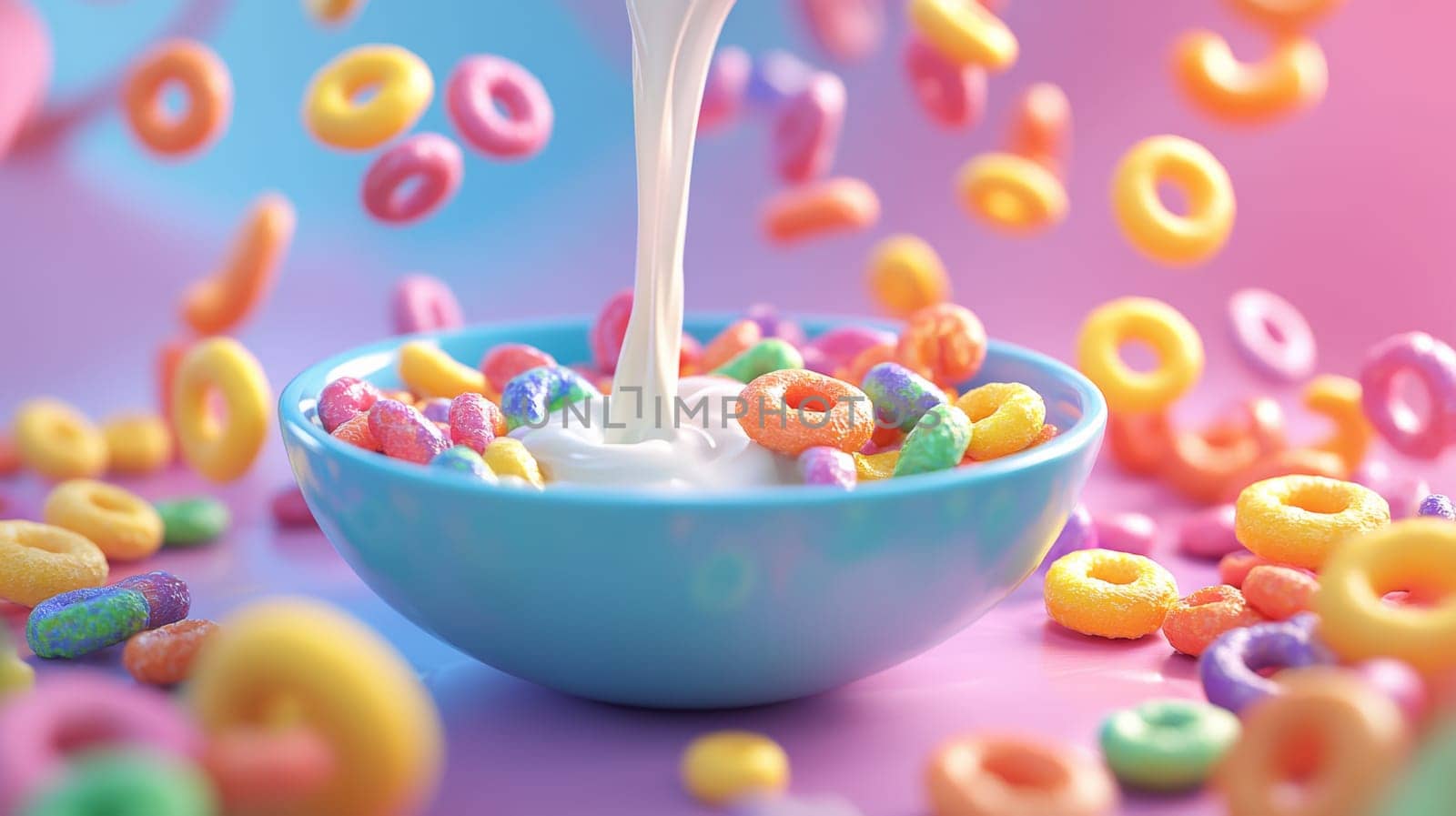 Colorful cereal in blue bowl with milk pouring, vibrant breakfast concept.